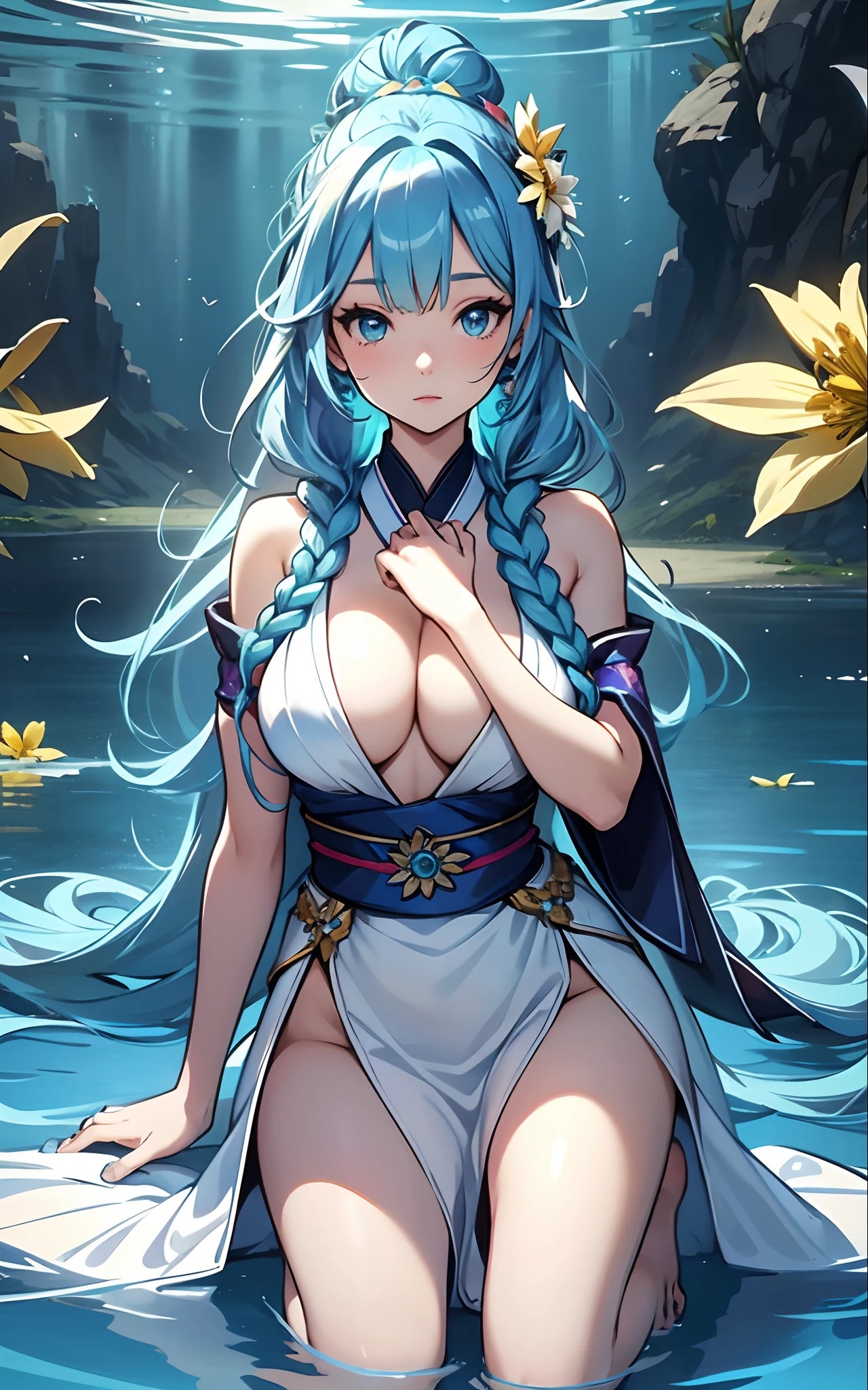 best qualityer,tmasterpiece,Ultimate resolution,downy,Extremely colorful,Colorful,water background,(Lake surface),Dancer,White kimono long dress,huge tit,hair-bun,Fine braids,(Long aqua blue hair),Blue lip gloss,a matural female,(The barefoot),Kneeling pose,daffodil,Normal posture