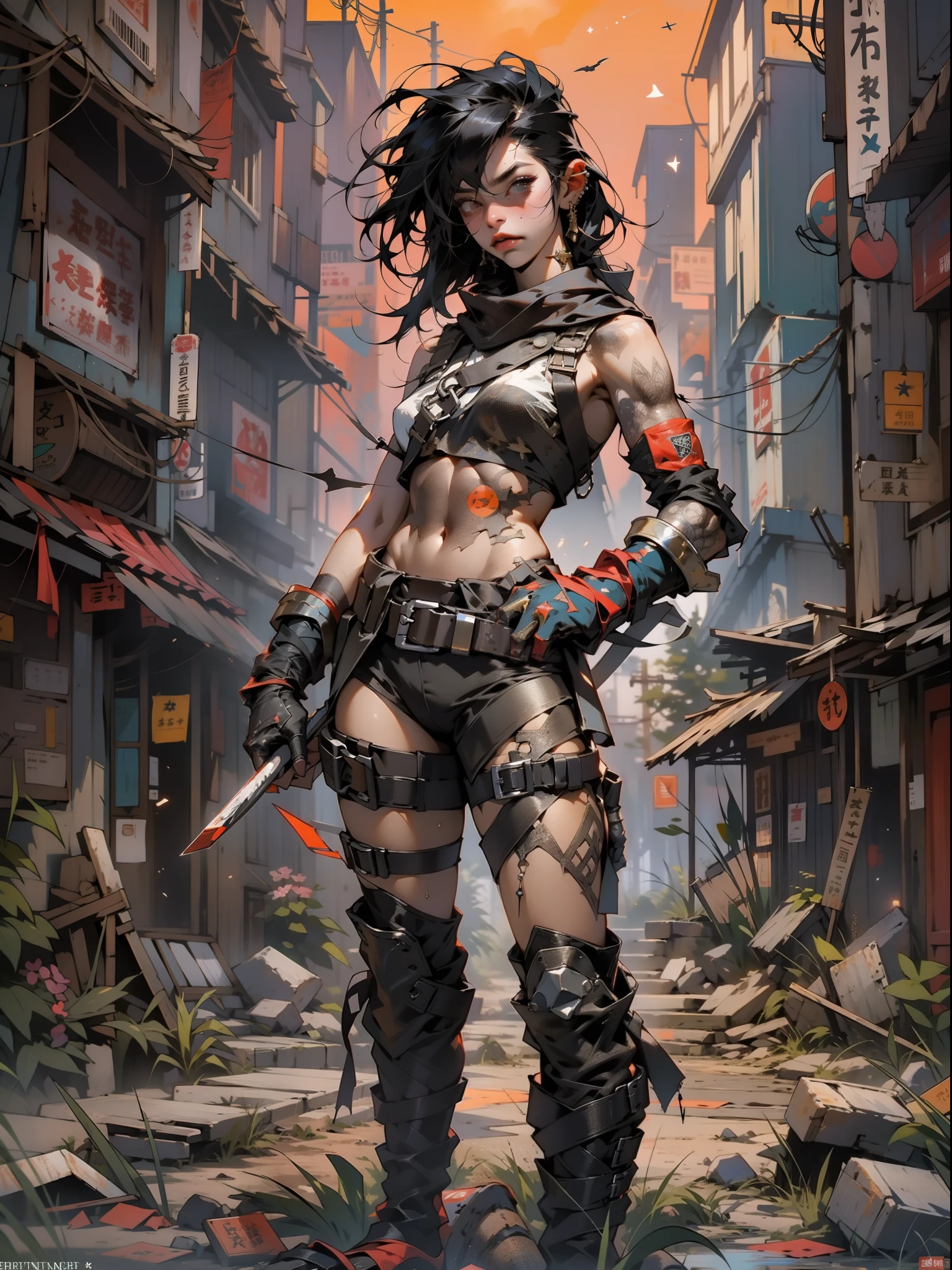 (((female))), (((best quality))), (((master part))), (((adulto))), A post-apocalypse gladiator woman with perfect body, Gladiadores do Brooklyn, hand with gloves and left arm guard made of steel and metal tips, (( sob os peitos )), (( Tiny floss )), quase nu no estilo urbano selvagem de Simon Bisley para o 2000 A.d. capa de revista, Minimum clothing, armadura ( acrylic painting ), cheio de pontas, Tatuagem tribal, ((( do joelho para cima ))), visual intrincado, rosto limpo, pele bronzeada