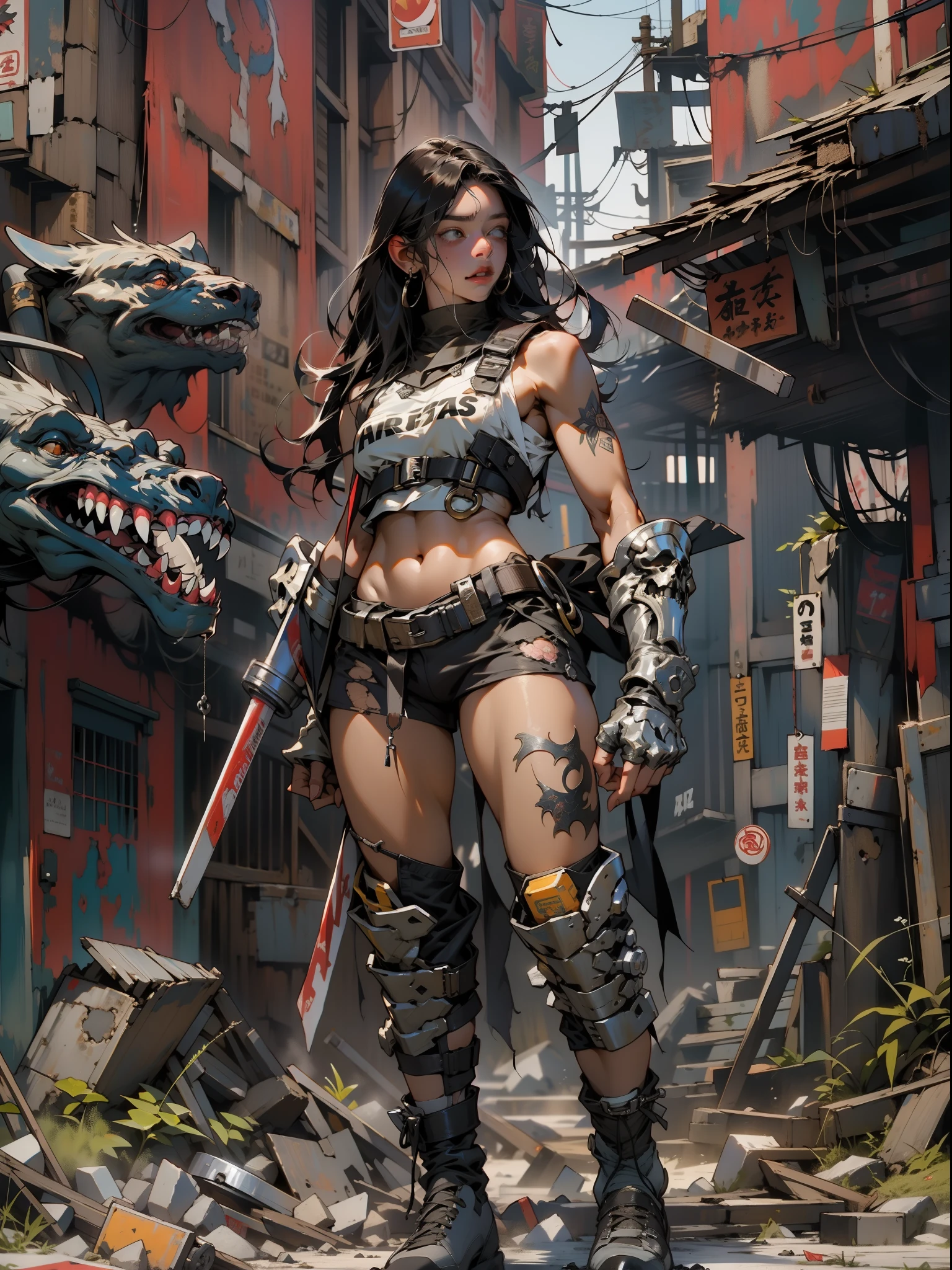 (((mulher))), (((melhor qualidade))), (((obra prima))), (((adulto))), (((1girl))), ((( corte de cabelo bob ))), Uma gladiadora cyberpunk mulher de 25 anos com corpo perfeito, shoulder pads with metal spines, Gladiadores do Brooklyn, (( corte de cabelo bob )), tiny leather panties, camiseta de time de rugby rasgada, quase nua no estilo selvagem urbano de Simon Bisley para a capa da revista Heavy Metal, Cabelo loiro curto, Minimum clothing, Metal protection on the left arm with intricate graphics, Dark red with white stars and pattern OF MILITARY CAMOUFLAGE, armadura, cheio de espinhos, (((do joelho pra cima))), cabelos loiro branco curto, no fundo uma parede pintada por Shepard Fairey com um design intrincado