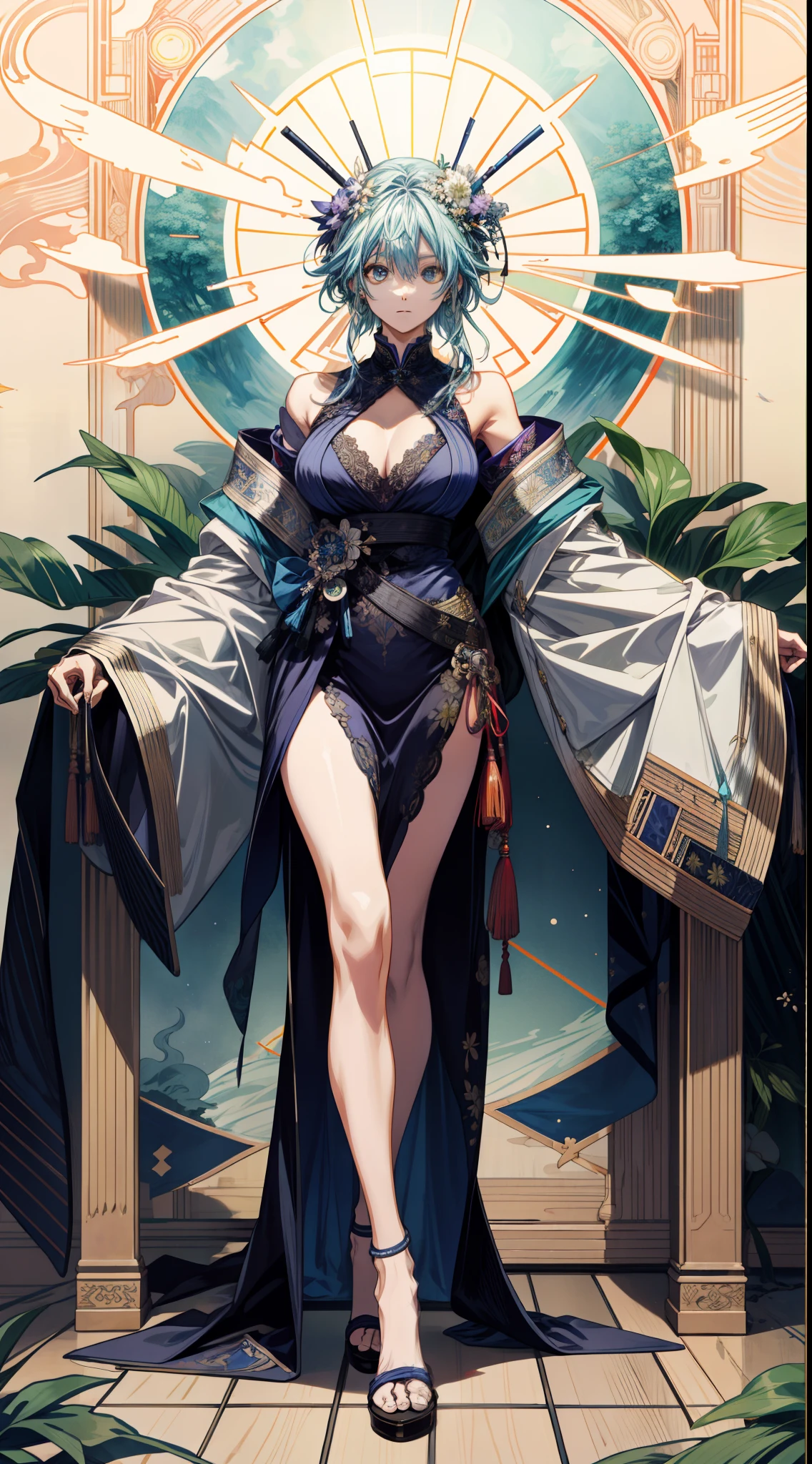 (absurderes、hight resolution、ultra-detailliert)、独奏、femele、Wearing a half-coat and a bare coat、Drumsticks beating Japan drums、full body Esbian、large full breasts、cabelos preto e longos、Earth Eye、Festival decorations、Victorian style、a matural female、A detailed face、hut\Tarot Cards\、stele、lightning bolt、a moon、Symbolism、Visual Arts、occult、Visual Projection、pop music、art by、Alphonse Mucha、