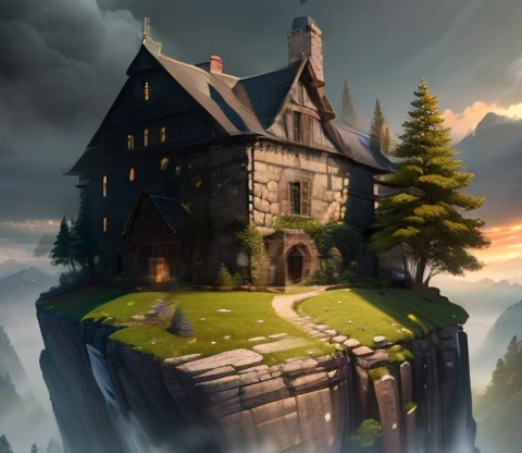 landscape with stone and foresty and ghosty house,(extremely detailed CG unity 8k wallpaper), most beautiful artwork in the world,professional majestic oil painting,intricate, High Detail, Sharp focus, romatic, photorealistic painting art