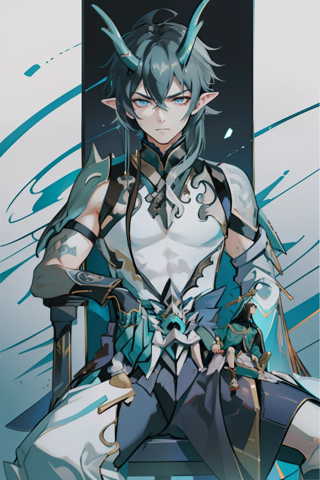 （absurderes，A high resolution，Hyper-detailing，hdr），Dragon's horn，younge boy，tmasterpiece，best qualtiy，1人，独奏，Handsome，Golden eyes，Fine eyes and detailed face，toppless，Tattooed with，arma，seated on a throne，Indifferent and arrogant，Abs，chest muscle，Raised sexy，Ruffian，Show your temperament，Male，masculine appeal，Male characteristics are distinct，Long messy hair，Arrogant，self-assured，Sitting majestically on the throne，Legs crossed，white pantie，supreme，Lazy，Handsome，