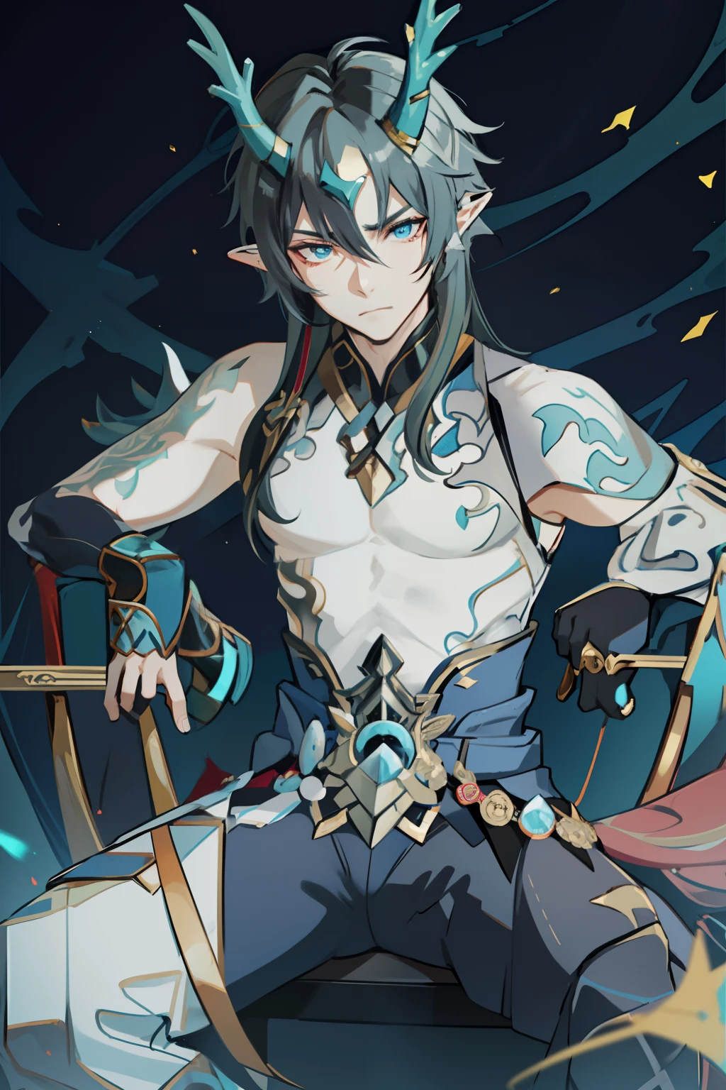 (absurderes,A high resolution,Hyper-detailing,hdr),Dragon's horn,younge boy,tmasterpiece,best qualtiy,1人,独奏,Handsome,Golden eyes,Fine eyes and detailed face,toppless,Tattooed with,arma,seated on a throne,Indifferent and arrogant,Abs,chest muscle,Raised sexy,Ruffian,Show your temperament,Male,masculine appeal,Male characteristics are distinct,Long messy hair,Arrogant,self-assured,Sitting majestically on the throne,Legs crossed,white pantie,supreme,Lazy,Handsome,