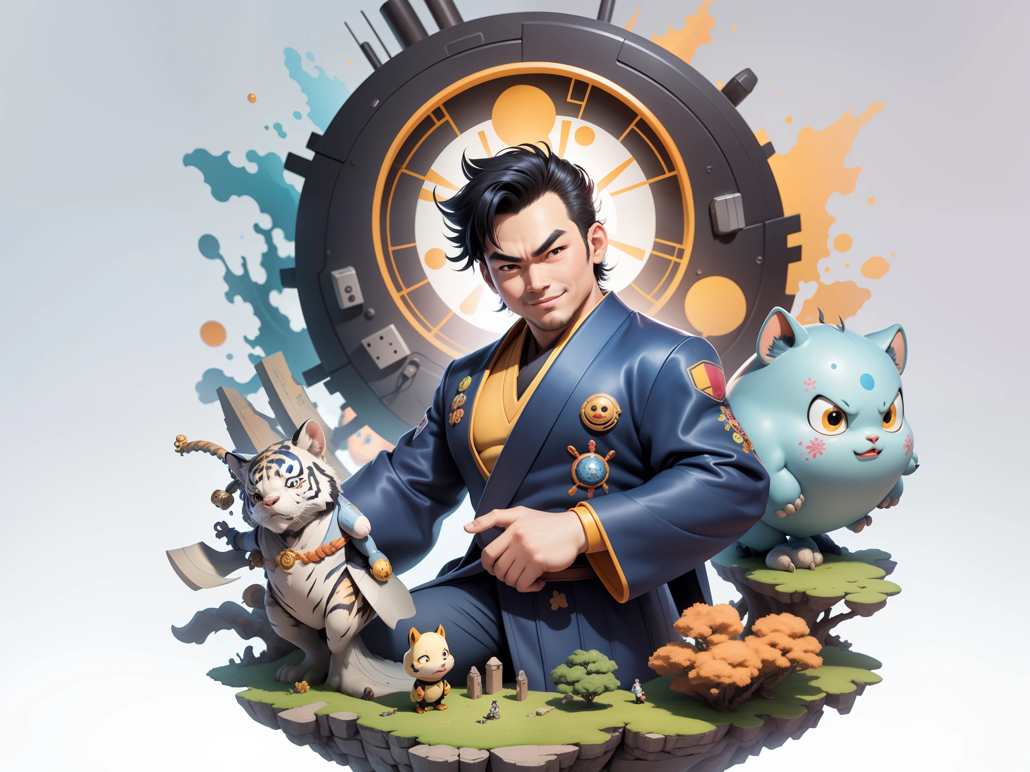(Masterpiece), (Excellent), (Super Meticulous), (Full Body: 1.2), Super Young Man, Oriental Face, Japanese Kimono, Japanese Wind Thunder God, Dragon, Tiger, TV Anchor, Bust Portrait Illustration, Alone, Black Suit, Blue Tie, Slightly Chubby Face, Very Clean Face, No Beard, Black Super Short Hair, Black Eyes, Confident Smile, 3c Computer Sub-Products, iPad, iPhone, Digital Painting, 3D Character Design by Akira Toriyama and Mark Claireden and Pixar and Hayao Miyazaki, The illustration is a high-definition illustration in 4K resolution with very detailed facial features and cartoon-style visuals.