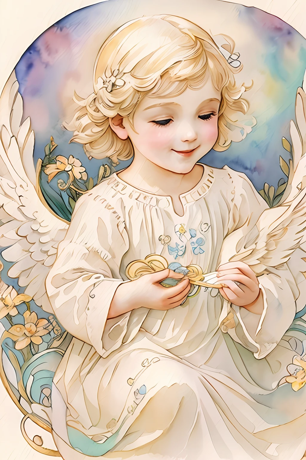 Blessings of Angels、Bright background、heart mark、tenderness、A smile、Gentle、Baby Angel、jugendstil、watercolor paiting