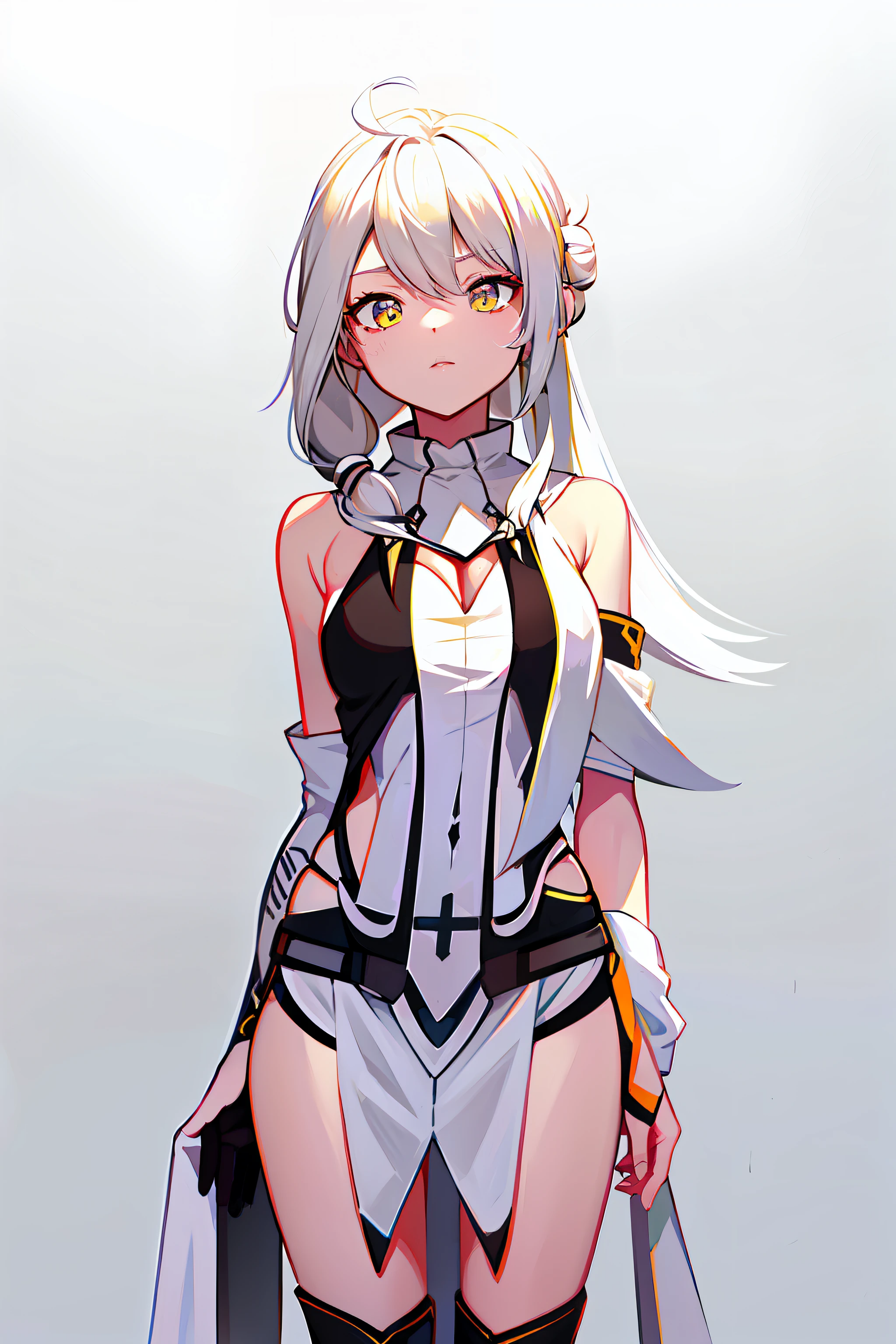 Kizi,standing on your feet,White hair,long whitr hair,solo person,The upper part of the body,cowboy lens,greybackground,Yellow eyes,White color blouse,black cloaths,Short white dress,Yellow scarf,Petite figure
