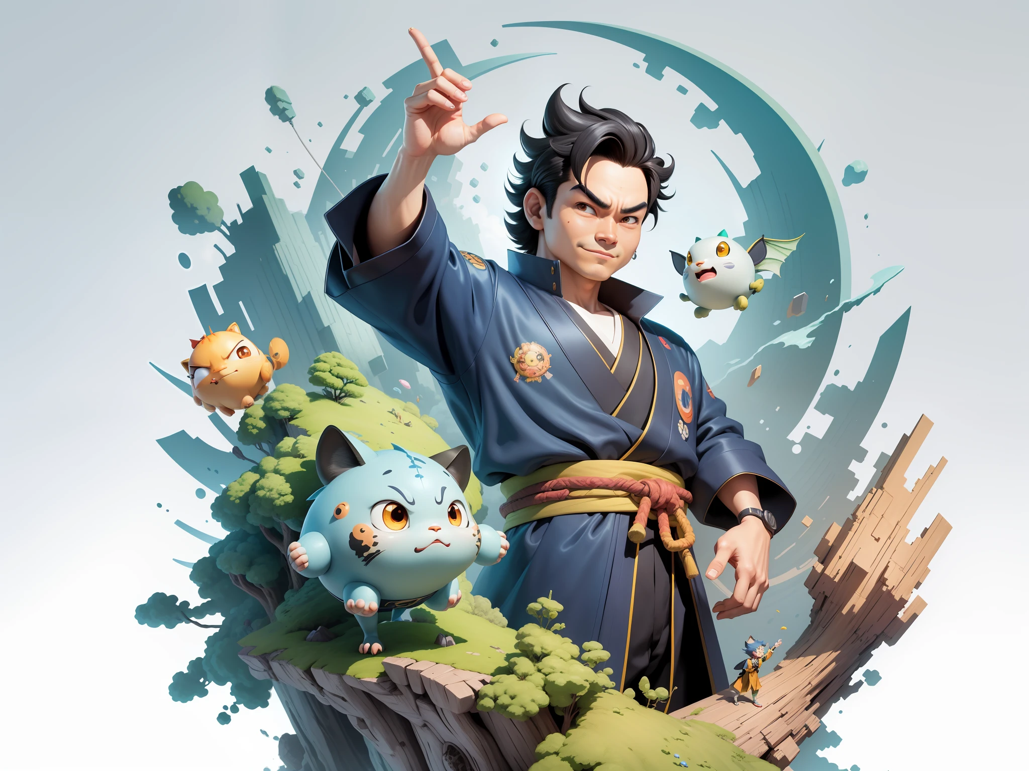(Masterpiece), (Excellent), (Super Meticulous), (Full Body: 1.2), Super Young Man, Oriental Face, Japanese Kimono, Japanese Wind Thunder God, Dragon, Tiger, TV Anchor, Bust Portrait Illustration, Alone, Black Suit, Blue Tie, Slightly Chubby Face, Very Clean Face, No Beard, Black Super Short Hair, Black Eyes, Confident Smile, 3c Computer Sub-Products, iPad, iPhone, Digital Painting, 3D Character Design by Akira Toriyama and Mark Claireden and Pixar and Hayao Miyazaki, The illustration is a high-definition illustration in 4K resolution with very detailed facial features and cartoon-style visuals.