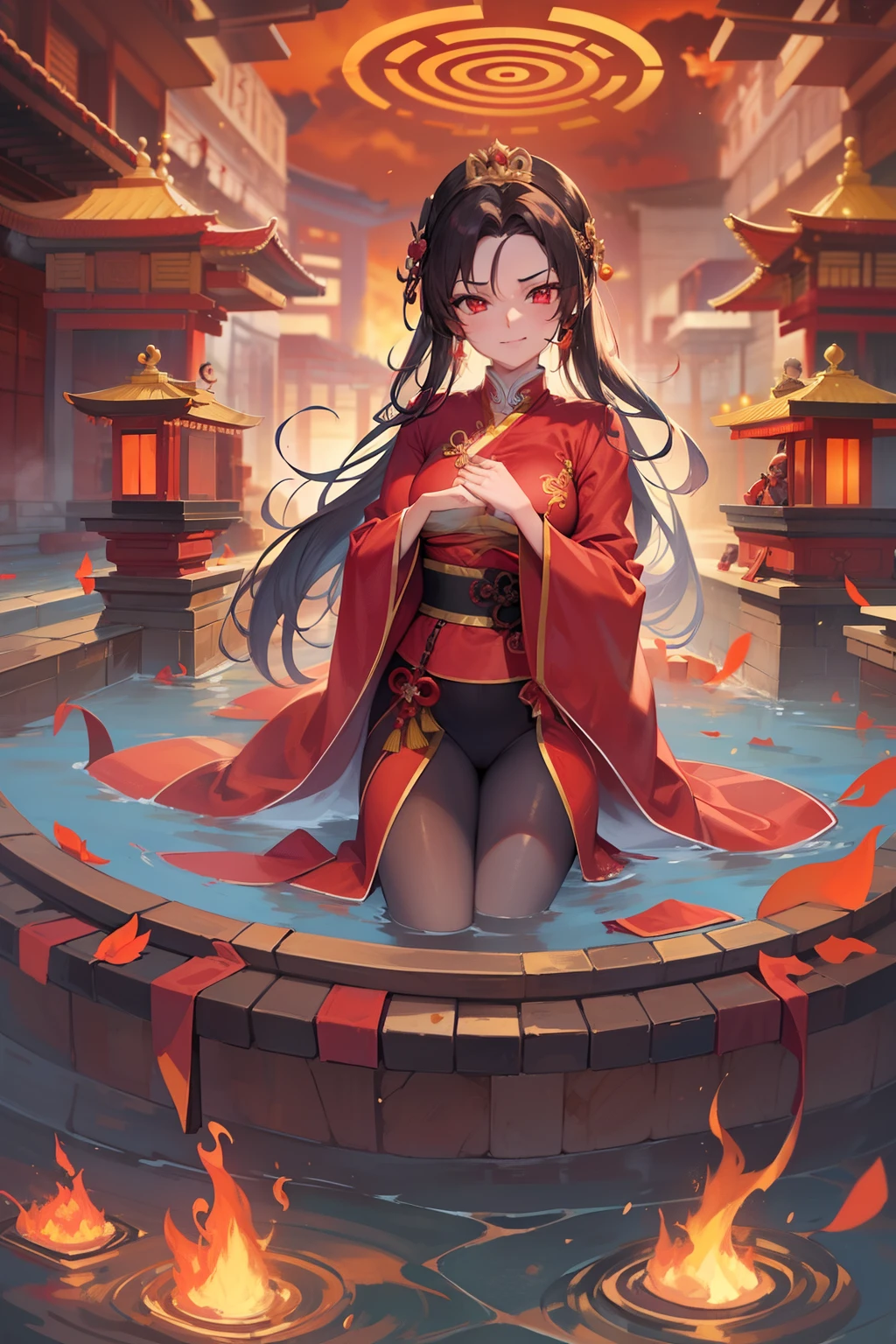 princess azula, evening, sunset, looking at viewer, cleavage, red satin robes, clothed bathing, girl floating above the water, palace, temple, fire, lava, red glowing, smug face (NSFW 1.1)