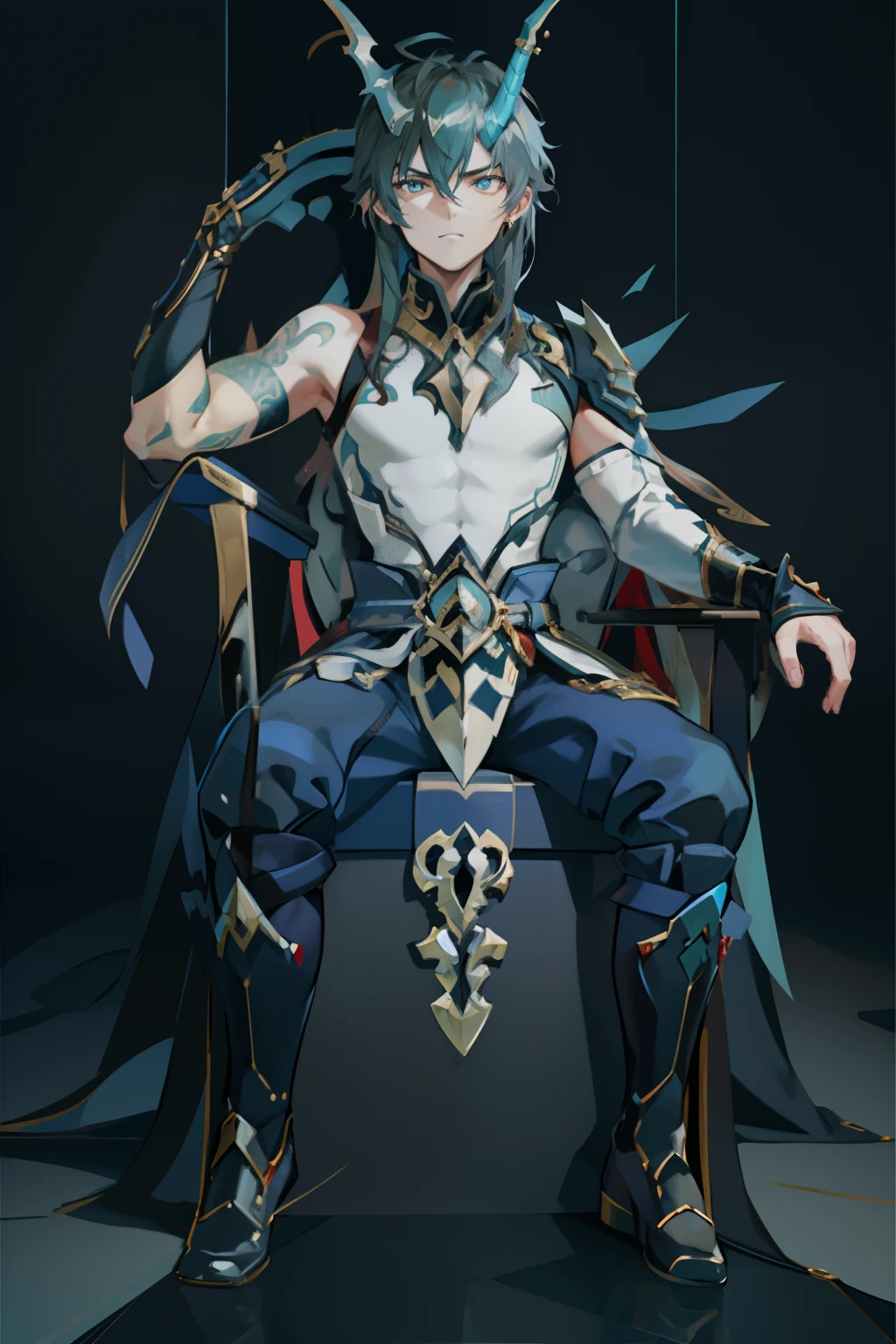 (absurderes,A high resolution,Hyper-detailing,hdr),Dragon's horn,younge boy,tmasterpiece,best qualtiy,1人,独奏,Handsome,Golden eyes,Fine eyes and detailed face,toppless,Tattooed with,arma,seated on a throne,Indifferent and arrogant,Abs,chest muscle,Raised sexy,Ruffian,Show your temperament,Male,masculine appeal,Male characteristics are distinct,Long messy hair,Arrogant,self-assured,Sitting majestically on the throne,Legs crossed,white pantie,supreme,Lazy,Handsome,