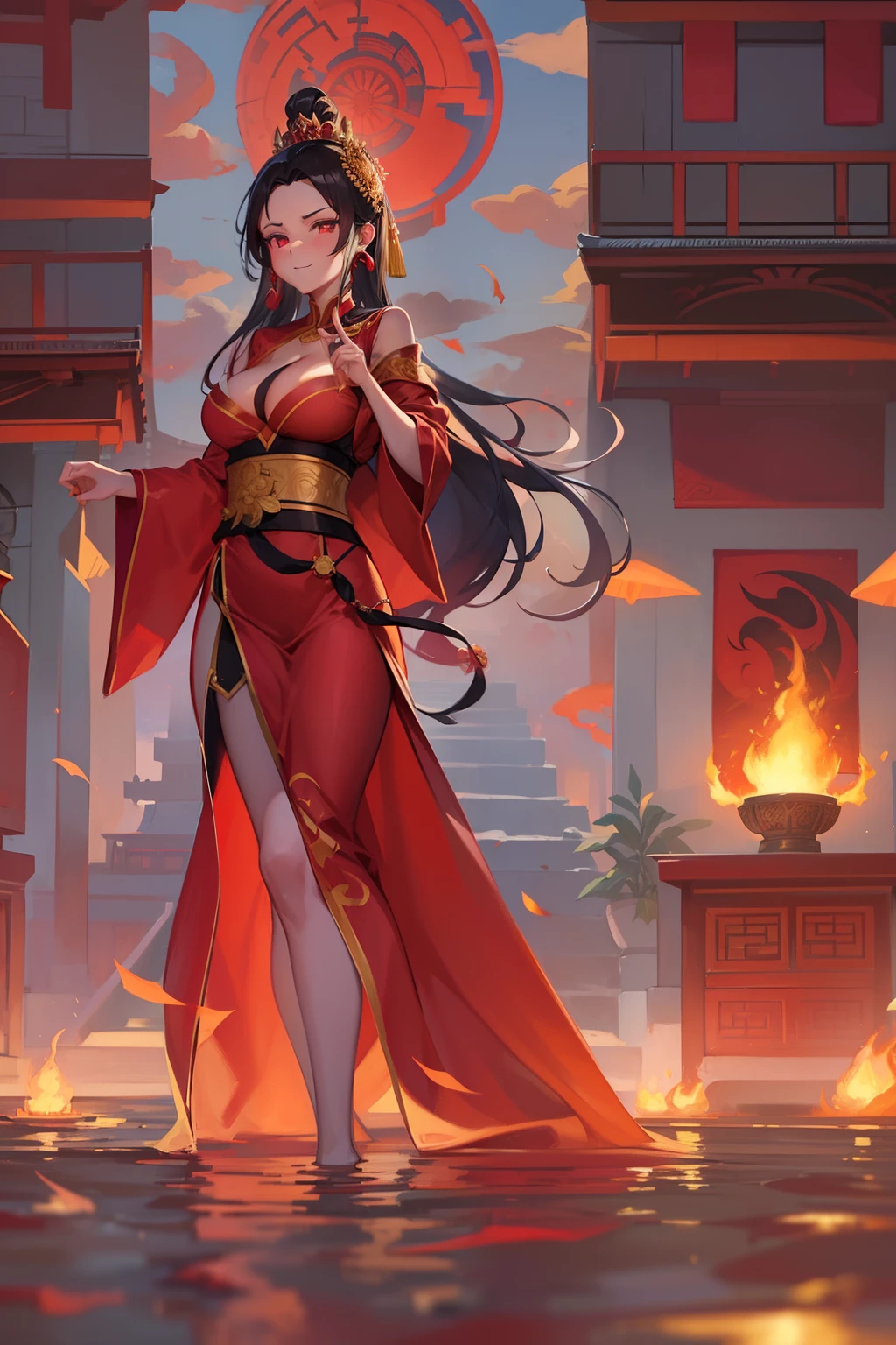 princess azula, evening, sunset, looking at viewer, cleavage, red satin robes, clothed bathing, girl floating above the water, palace, temple, fire, lava, red glowing, smug face (NSFW 1.1)