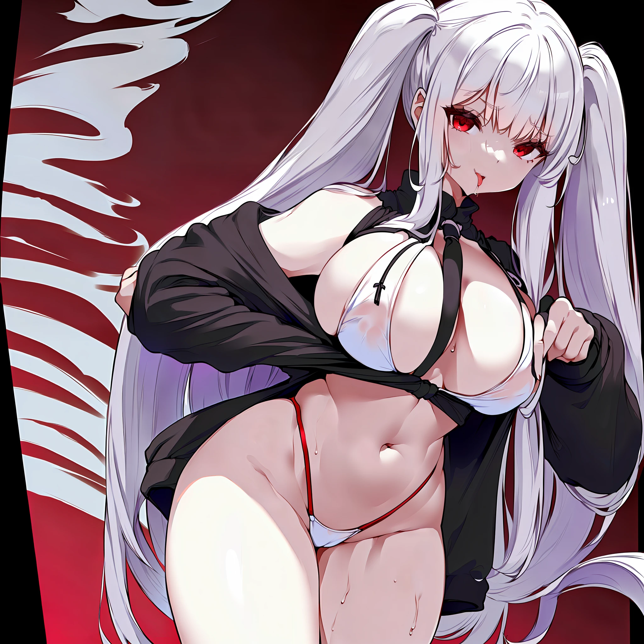1girll, White hair, red eyes, nabel, looking at viewert, hand on hips, black black jacket, dolphinshorts, groin, (white shirt:1.2), pigtails, Very long hair, Wide buttock,
underbust,The shirt,Stick out her tongue,dropping saliva,White liquid
big\(BodyProportions\),