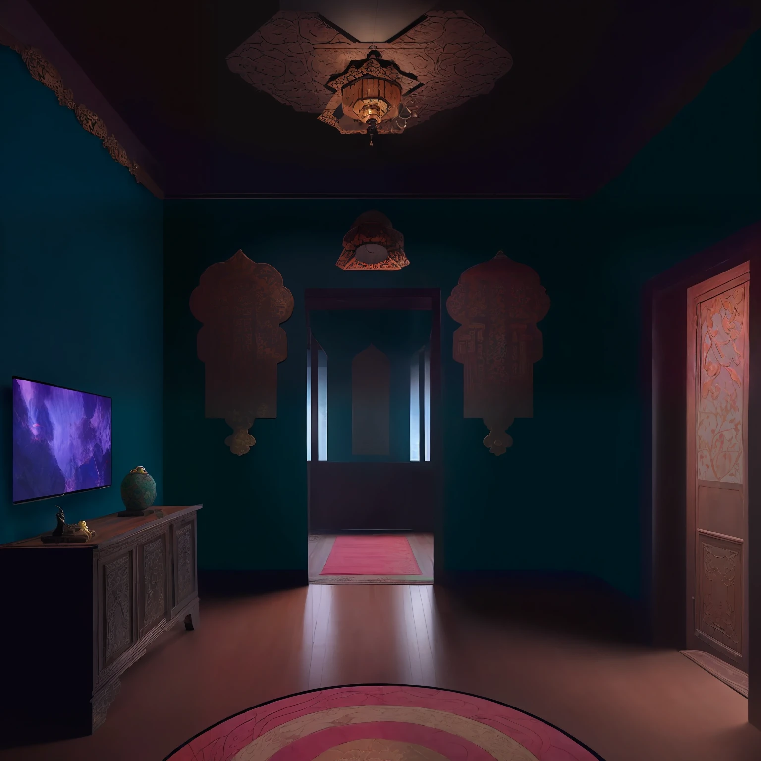 ((Best quality, 8k, Masterpiece :1.3)), Sharp focus :1.2, (living room indochina BLACK Wood design: 1.3), (leaf door panel:1.1), (((black painted wooden furniture:1.1))), (photo realisstic: 1.2), (hyperdetails: 1.2), 1 chair, oriental classical pattern wall paneling, 1 classical altar, 2 ottomans, style cabinets Indochina, indoor, indochina pano door, (Ceiling made of rattan and plasterboard), Stylized lotus pattern, stylized lotus-themed decorative painting, glossy marble floor,Round feather carpet, tiled floor with geometric pattern with border, bedside cabinet with curling iron pattern, Curved iron door, wooden frame door with panel made of wrought iron pattern combined with paper, Unreal Engineer 8K, dark sky, dark night, dark theme,