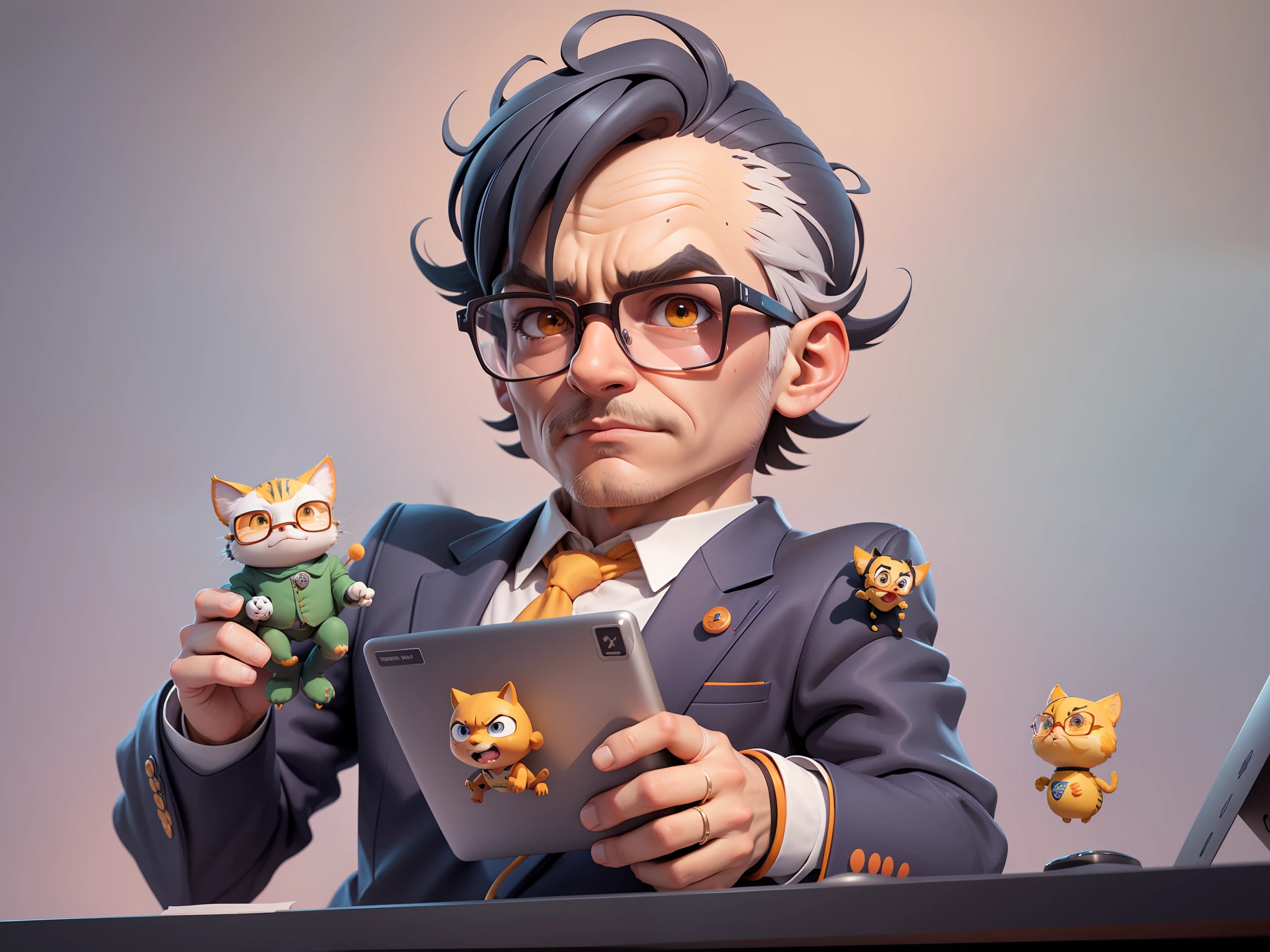 A young man in a suit, Short hair and glasses sat at his desk,holding laptop,digitial painting,tigre,3D character design by Mark Clairen and Pixar and Hayao Miyazaki and Akira Toriyama,4K HD illustration,Very detailed facial features and cartoon-style visuals。
