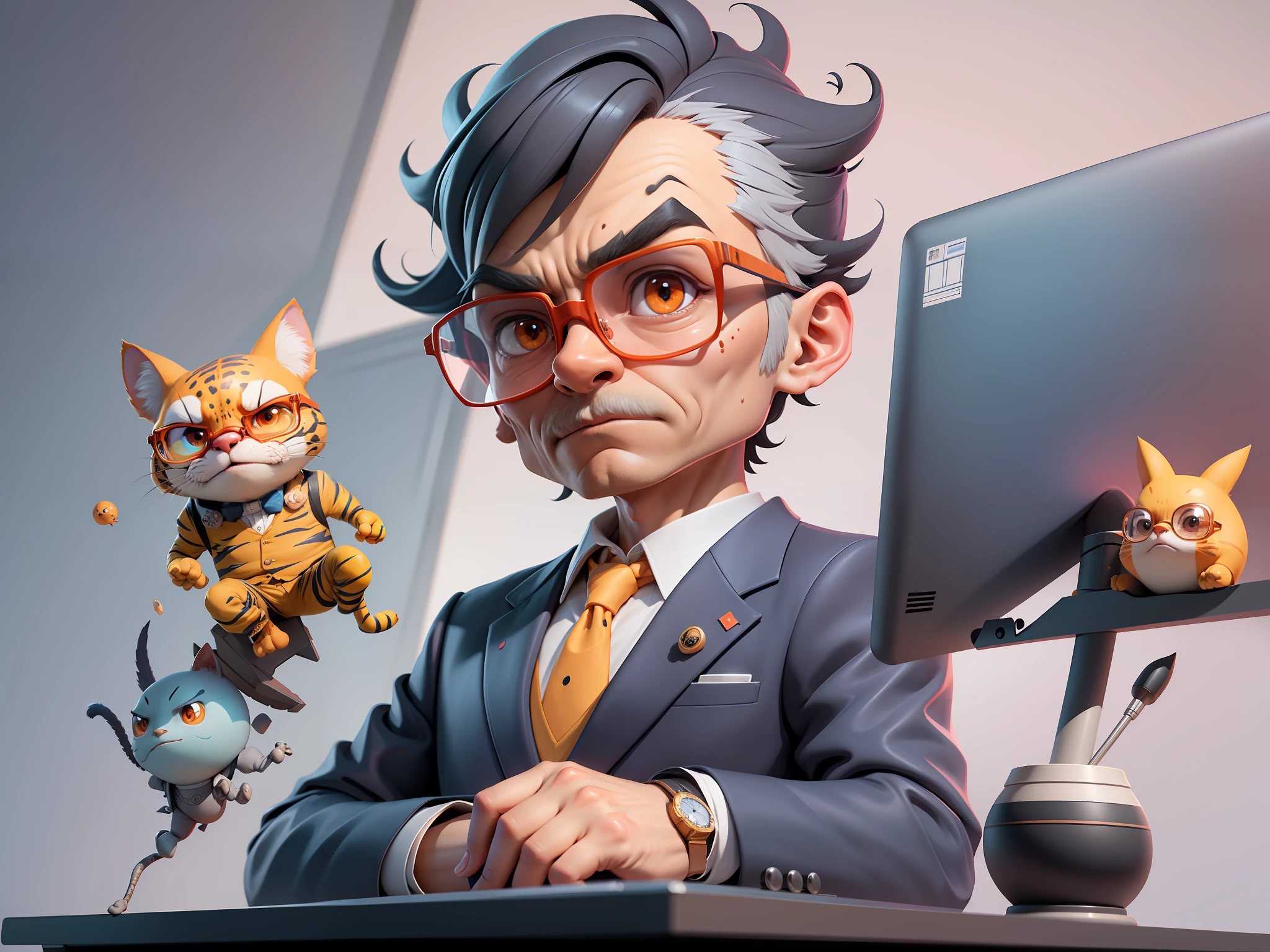 A young man in a suit, Short hair and glasses sat at his desk，holding laptop，digitial painting，tigre，3D character design by Mark Clairen and Pixar and Hayao Miyazaki and Akira Toriyama，4K HD illustration，Very detailed facial features and cartoon-style visuals。
