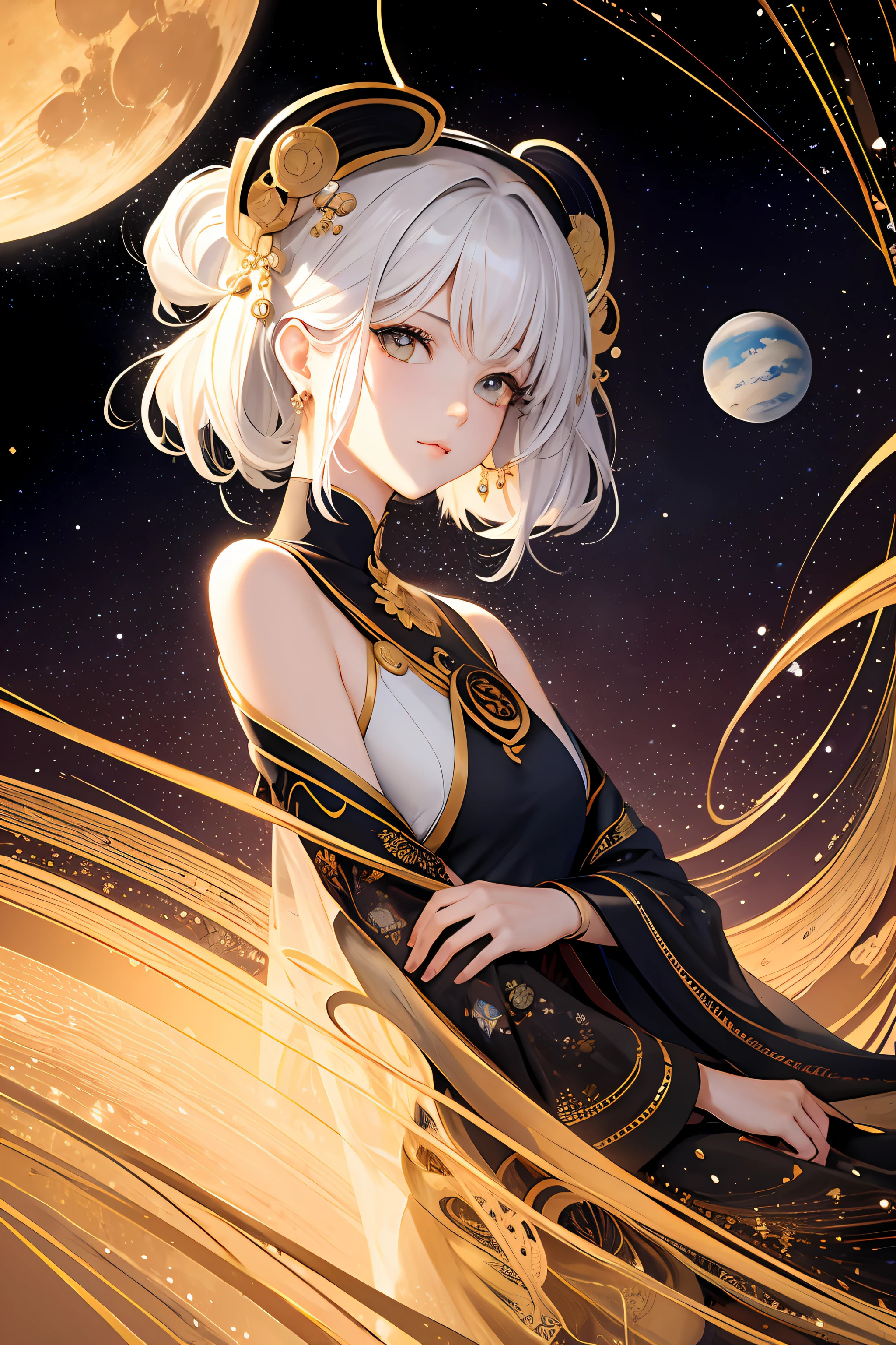 The planets are arranged like a Zen painting,(tmasterpiece,top Quority,best qualtiy,offcial art,Beauty and aesthetics:1.2),(1girl),Extremely detailed,(s fractal art:1.3),extremely colorful,Most detailed