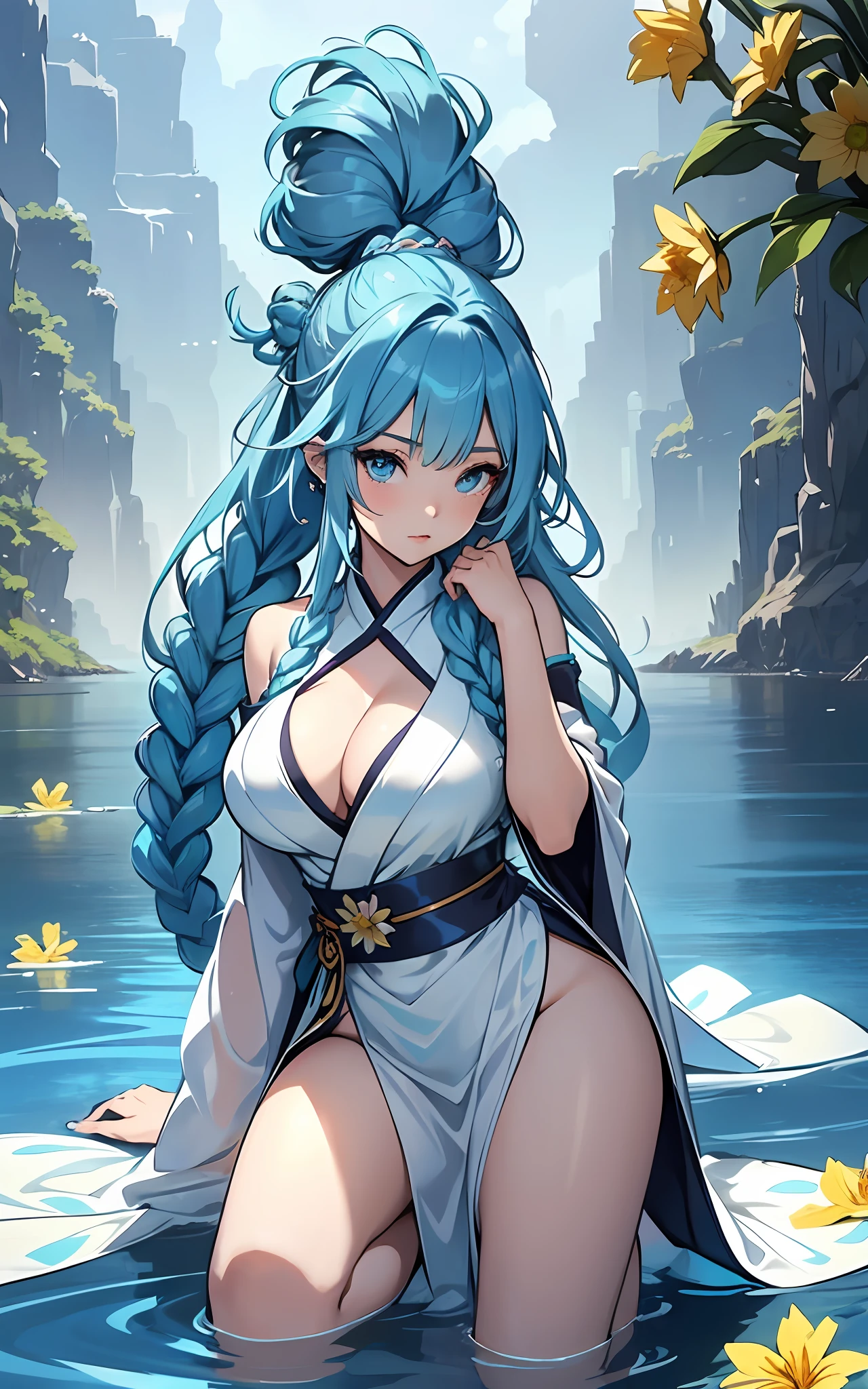 best qualityer,tmasterpiece,Ultimate resolution,downy,Extremely colorful,Colorful,water background,(Lake surface),Dancer,White kimono long dress,huge tit,hair-bun,Fine braids,(Long aqua blue hair),Blue lip gloss,a matural female,(The barefoot),Kneeling pose,daffodil,Normal posture