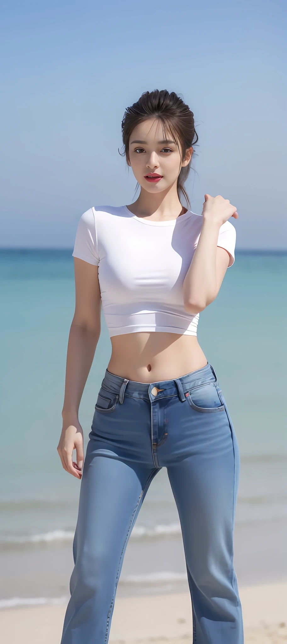 Close-up of a woman in jeans standing on the beach, wearing tight shirt, belly button showing, wearing tight simple clothes, photo of slim girl model, wearing sexy cropped top, Tight shirt, dressed in a white t-shirt, wearing a cute top, Her navel was exposed, wearing a crop top, Beautiful girl model, skinny waist and thick hips
