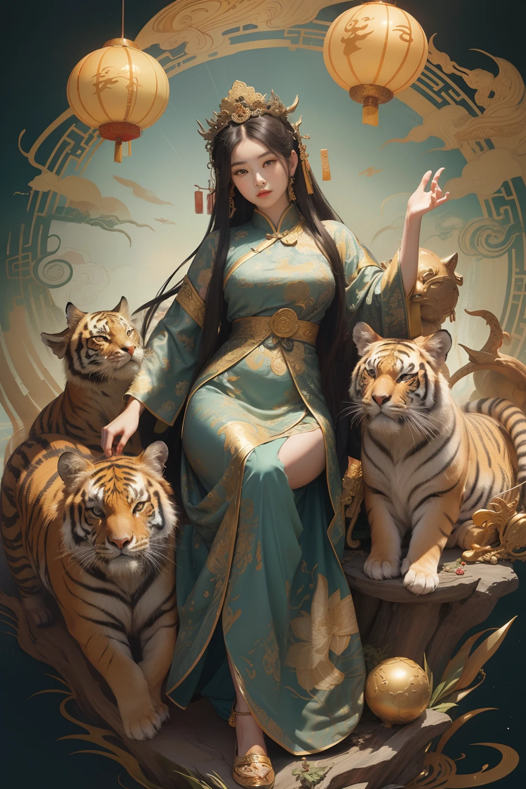 an ancient Chinese goddess, guanyin of the southern seas, Guanyin, Inspired by China, Avalokiteshvara rides a tiger，,Serene expression,shui mo hua,Buddha,Buddhist,Lotus,Chinese painting style,Thangka style