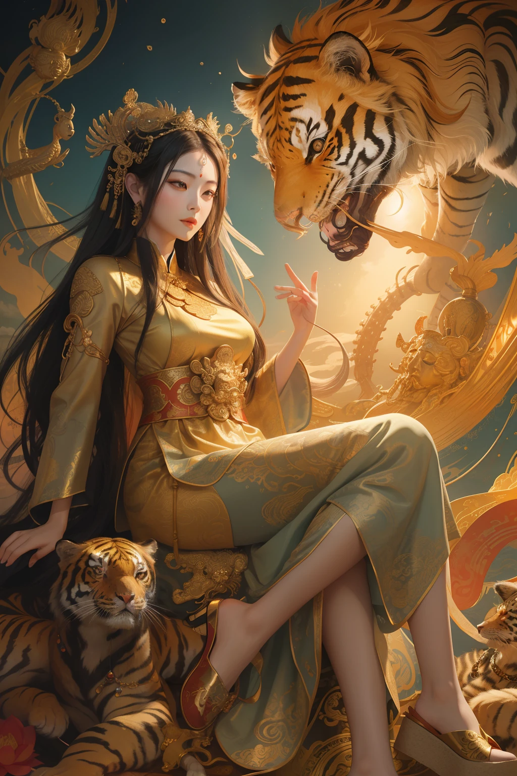 an ancient Chinese goddess, guanyin of the southern seas, Guanyin, Inspired by China, Avalokiteshvara rides a tiger,,Serene expression,shui mo hua,Buddha,Buddhist,Lotus,Chinese painting style,Thangka style