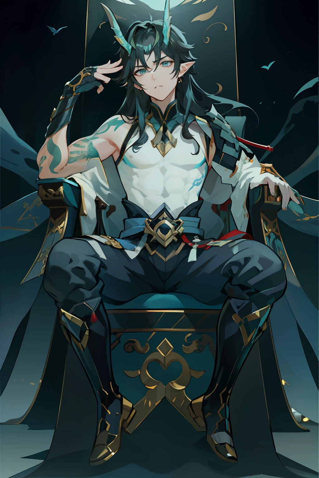（absurderes，A high resolution，Hyper-detailing，hdr），Dragon's horn，younge boy，tmasterpiece，best qualtiy，1人，独奏，Handsome，Golden eyes，Fine eyes and detailed face，toppless，Tattooed with，arma，seated on a throne，Indifferent and arrogant，Abs，chest muscle，Raised sexy，Ruffian，Show your temperament，Male，masculine appeal，Male characteristics are distinct，Long messy hair，Arrogant，self-assured，Sitting majestically on the throne，Legs crossed，white pantie，supreme，Lazy，Handsome，