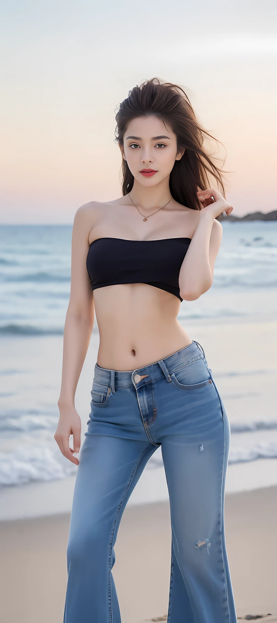 (RAW photo, Photoreal:1.4), 8K, highest quality, masterpiece, ultra high resolution), (perfect dynamic composition:1.2), (Highly detailed skin and facial textures:1.2), (Slim lady:1.3), (Fair skin:1.2), (beautiful and aesthetic:1.1), (medium breast:1.1) , 19 year old young and beautiful , half Korean and half German girl with beautiful thin, sharp and long face , light smiling through light pink lips wearing Fringed Crop Top with Denim Shorts , Sleek, straight hair, Layered necklaces, anklets, A beach bonfire scene during twilight, with glowing embers , perfect fingers and hands, standing and looking at the viewer