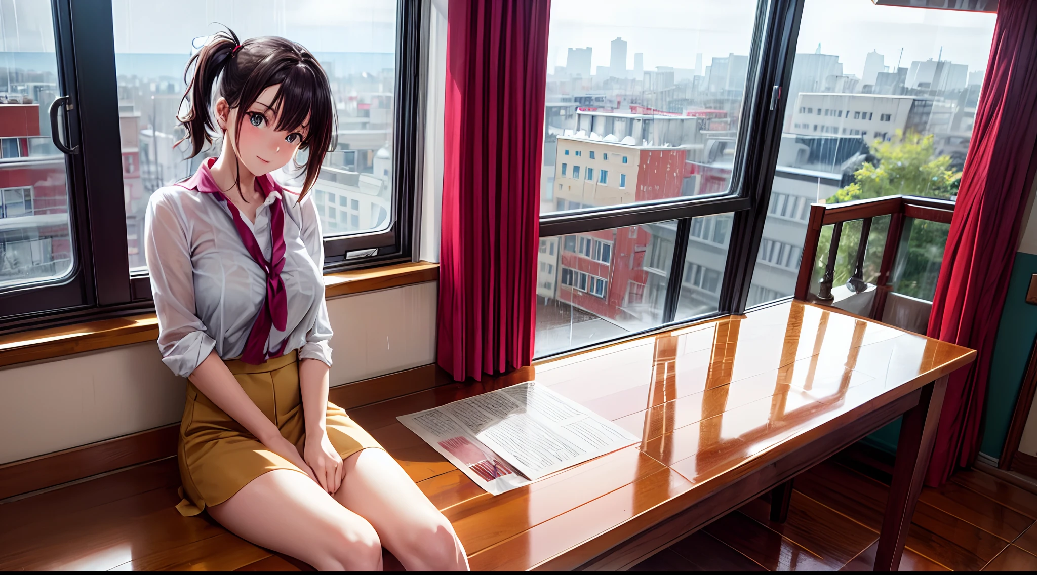 There was a girl sitting on a large window,Girl on windowsill,One leg extended,One leg curled,Look out the window,It was drizzling outside the window,Big windows,Panoramic windows with modern décor,The windows have large thresholds,