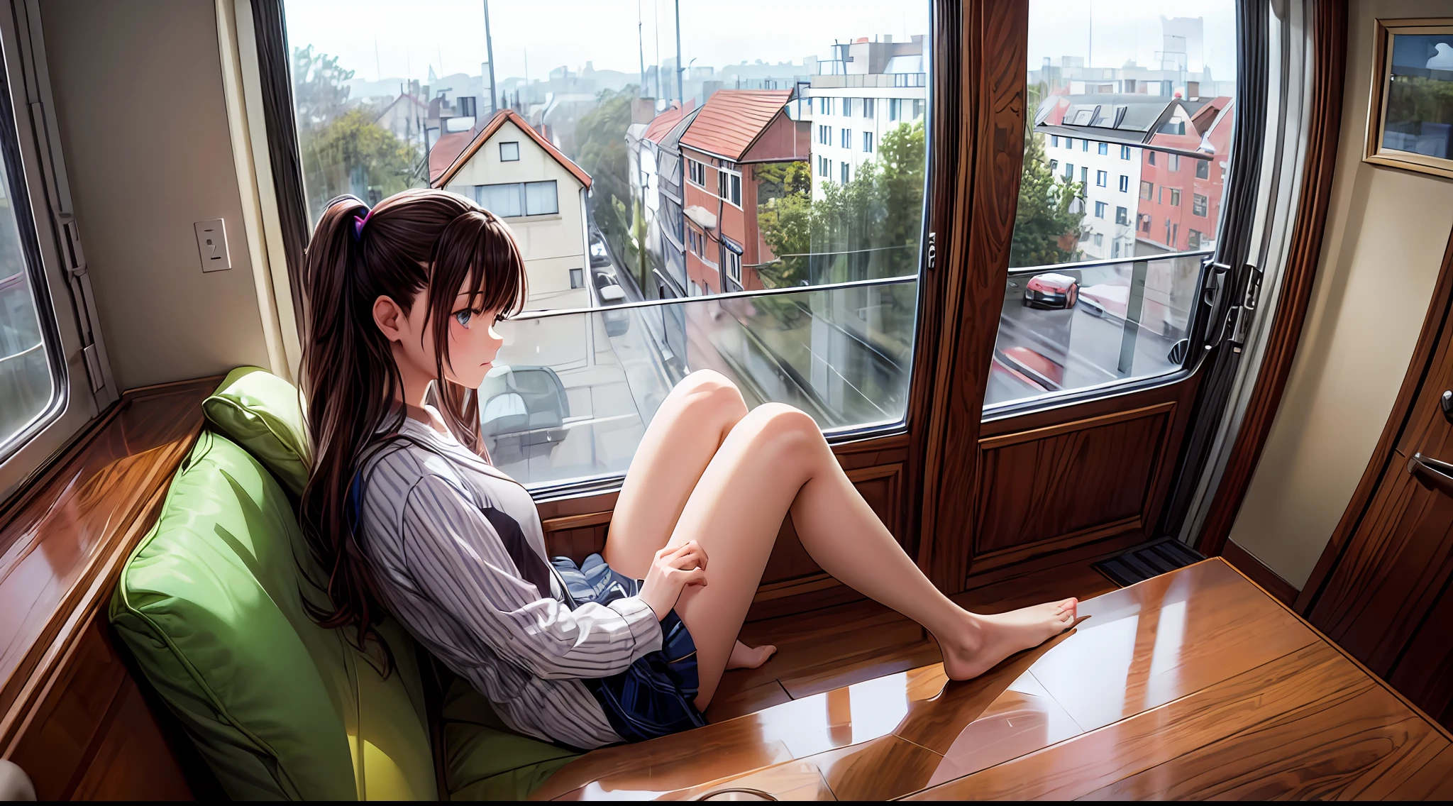 There was a girl sitting on a large window，Girl on windowsill，One leg extended，One leg curled，Look out the window，It was drizzling outside the window，Big windows，Panoramic windows with modern décor，The windows have large thresholds，