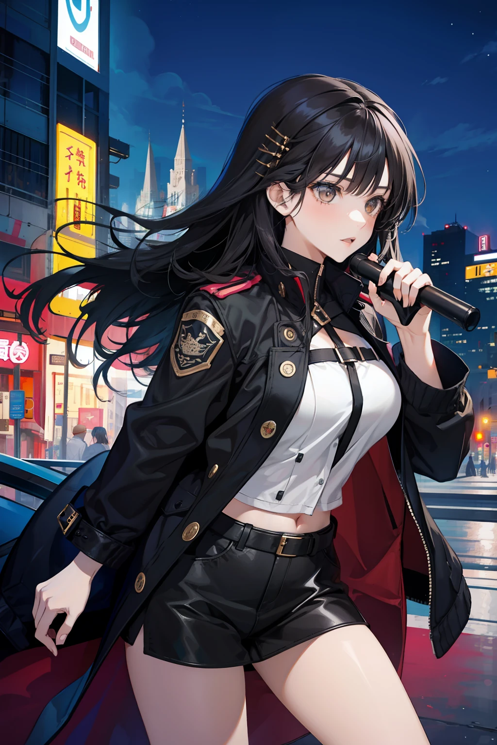 Solo, 1 girl, black hair girl, brown eyes, seductive and cute girl, modern city night, cop