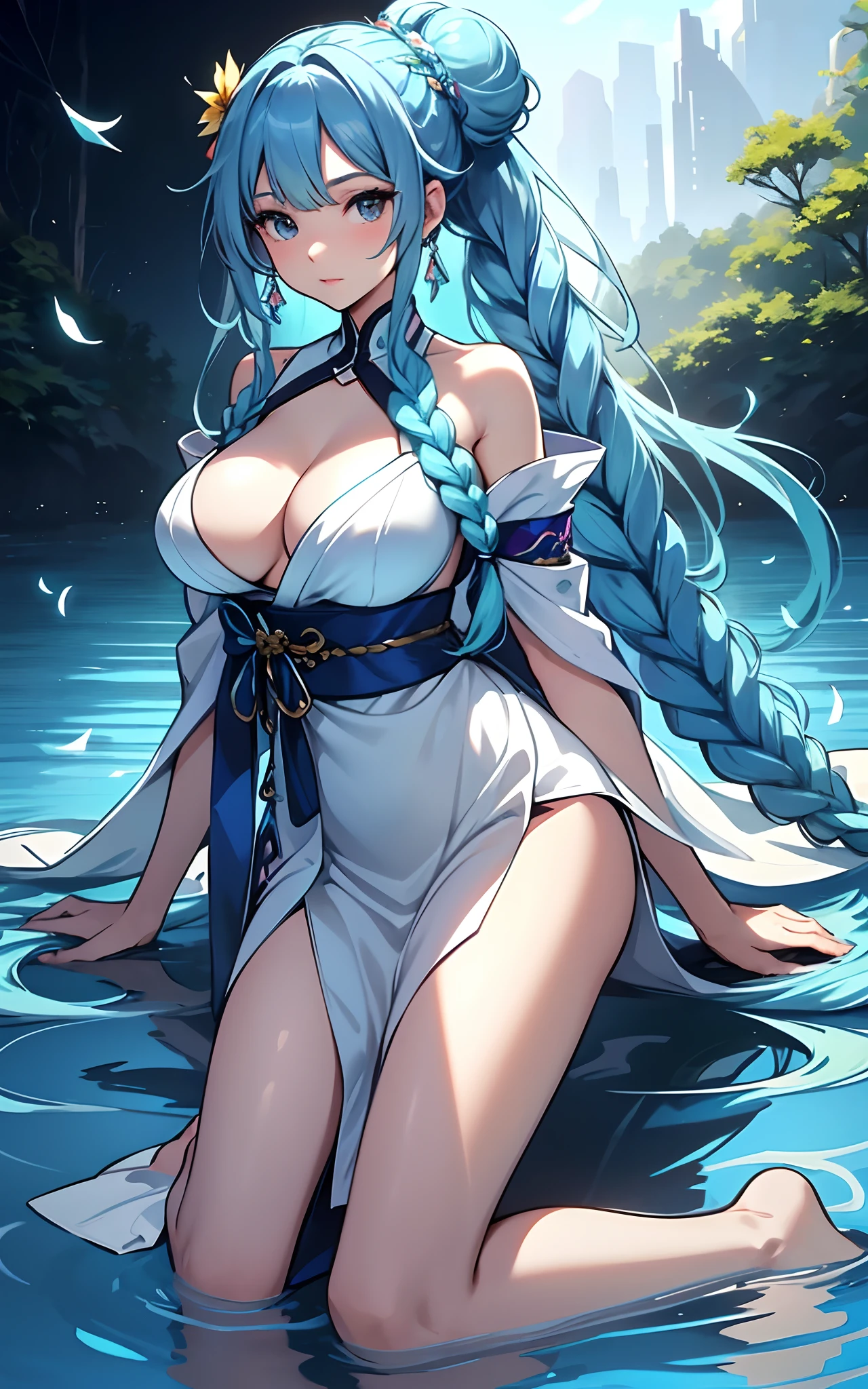 best qualityer,tmasterpiece,Ultimate resolution,downy,Extremely colorful,Colorful,water background,(Lake surface),Dancer,White kimono long dress,huge tit,hair-bun,Fine braids,(Long aqua blue hair),Blue lip gloss,a matural female,(The barefoot),Kneeling pose,daffodil,Normal posture