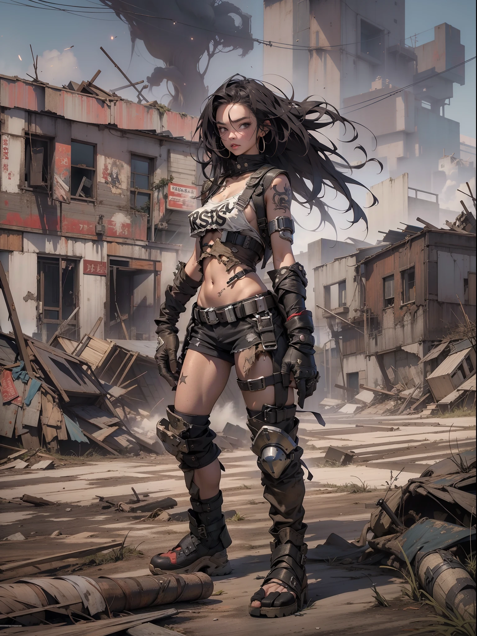 Nijistyle, (((female))), (((best quality))), (((master part))), (((adulto))), A post-apocalyptic barbaric floss in a post-apocalyptic world, hand with steel gloves and metal tips, pele limpa, (( estrelas sob os peitos )), (( Tiny floss )), quase nua, Estilo Simon Bisley para uma capa de quadrinhos do Brooklyn Gladiator, pose sensual, Seminuas, quase sem roupa, Destroyed clothing, correntes e estrelas de metal, ( best quality), (Absurdo), corpo perfeito, cena sexy, moicano colorido, Background with a destroyed city