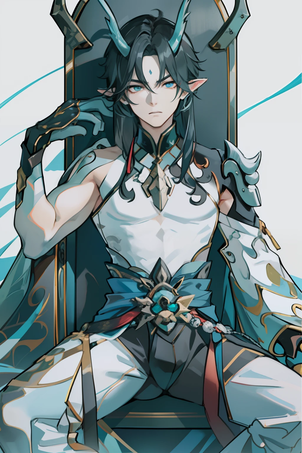 (absurderes,A high resolution,Hyper-detailing,hdr),Dragon's horn,younge boy,tmasterpiece,best qualtiy,1人,独奏,Handsome,Golden eyes,Fine eyes and detailed face,toppless,Tattooed with,arma,seated on a throne,Indifferent and arrogant,Abs,chest muscle,Raised sexy,Ruffian,Show your temperament,Male,masculine appeal,Male characteristics are distinct,Long messy white hair,Arrogant,self-assured,Sitting majestically on the throne,Legs crossed,white pantie,supreme,Lazy,Handsome,