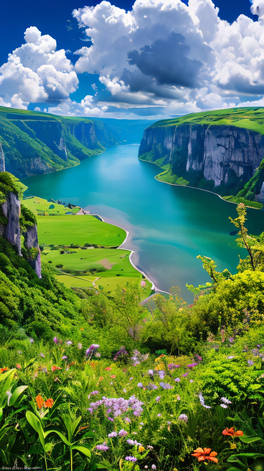 Masterpiece, ultimate quality, Cg unity 8k wallpaper, super delicate, beautiful sky and clouds, rich natural scenery, cliffs, lakes and rivers, waterfalls and flying water, beautiful green mountains, no trace of people, excellent scenery, has already won a photo contest, background Blurring, full depth of field, HDR high dynamics, true restoration, intricate, extreme details, dramatic presentation, perfectly presenting the style of midjourney art.