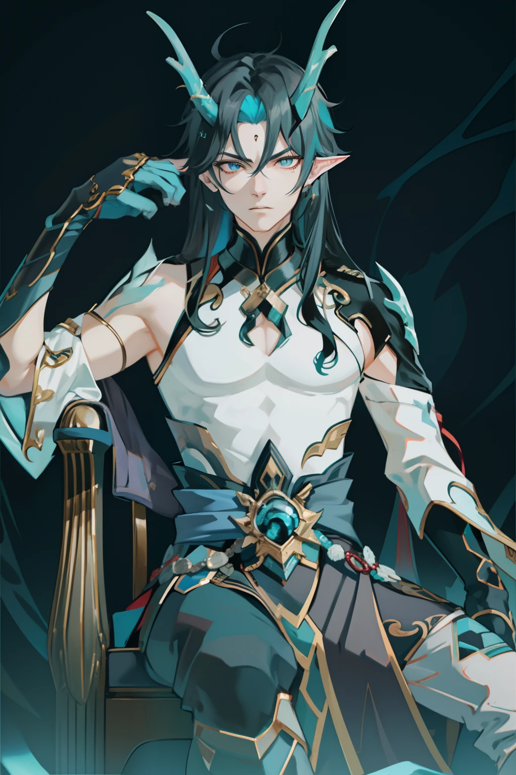 (absurderes,A high resolution,Hyper-detailing,hdr),Dragon's horn,younge boy,tmasterpiece,best qualtiy,1人,独奏,Handsome,Golden eyes,Fine eyes and detailed face,toppless,Tattooed with,arma,seated on a throne,Indifferent and arrogant,Abs,chest muscle,Raised sexy,Ruffian,Show your temperament,Male,masculine appeal,Male characteristics are distinct,Long messy white hair,Arrogant,self-assured,Sitting majestically on the throne,Legs crossed,white pantie,supreme,Lazy,Handsome,