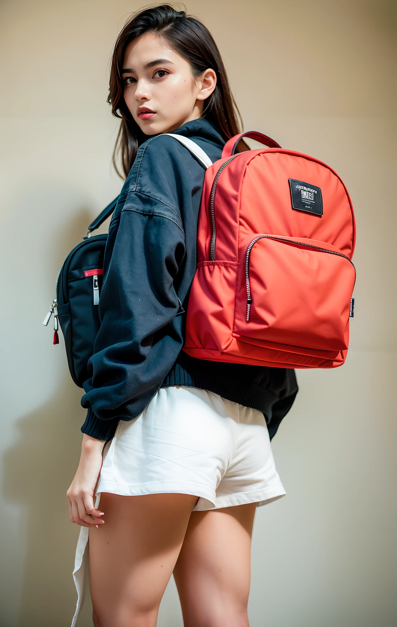 uma mulher linda, derriere tonificado, toned estate, sentada em uma caixa com uma mochila vermelha em cima dela, usando mochila de morango, com uma mochila, mochila, uma mochila, foto de retrato, Retrato no meio da foto, Fotografia de paisagem, Mrbeast, Coral Vermelho, Close portrait, tiro ambiental, advertising photo, roupas esportivas vermelhas, she is wearing streetwear, h 7 0 4, foto do produto, red neon details