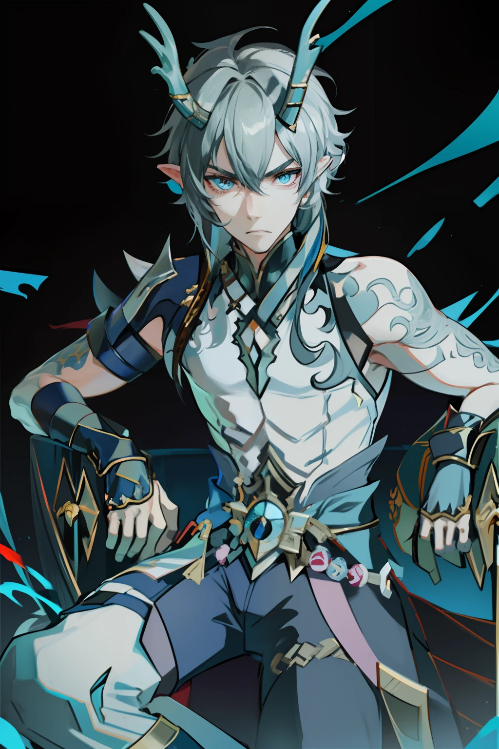 （absurderes，A high resolution，Hyper-detailing，hdr），Dragon's horn，younge boy，tmasterpiece，best qualtiy，1人，独奏，Handsome，Golden eyes，Fine eyes and detailed face，toppless，Tattooed with，arma，seated on a throne，Indifferent and arrogant，Abs，chest muscle，Raised sexy，Ruffian，Show your temperament，Male，masculine appeal，Male characteristics are distinct，Long messy hair，Arrogant，self-assured，Sitting majestically on the throne，Legs crossed，white pantie，supreme，Lazy，Handsome，