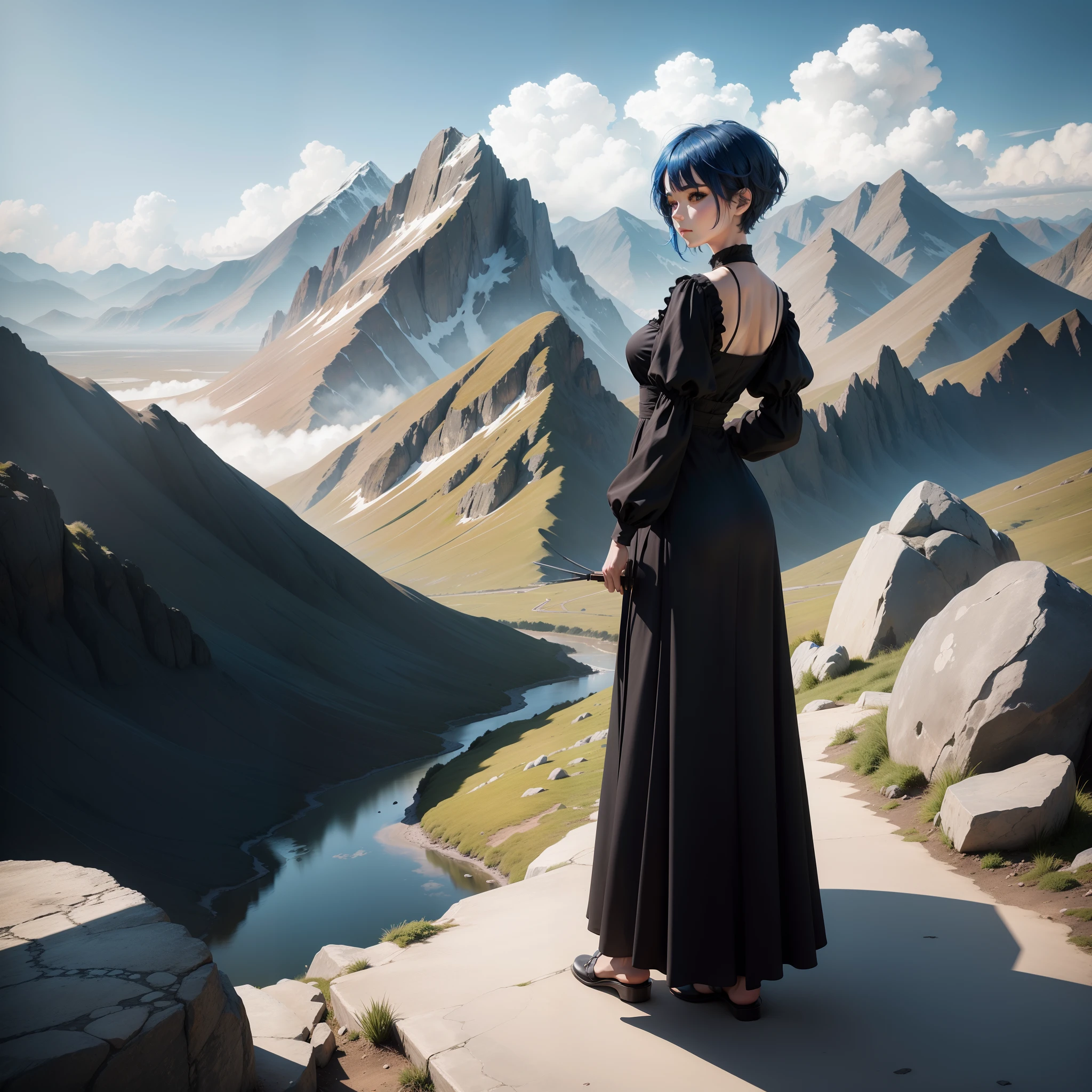 Short blue hair and long black dress,Holding a folding fan in hand, practicing on the stone, the distant mountains are full of clouds