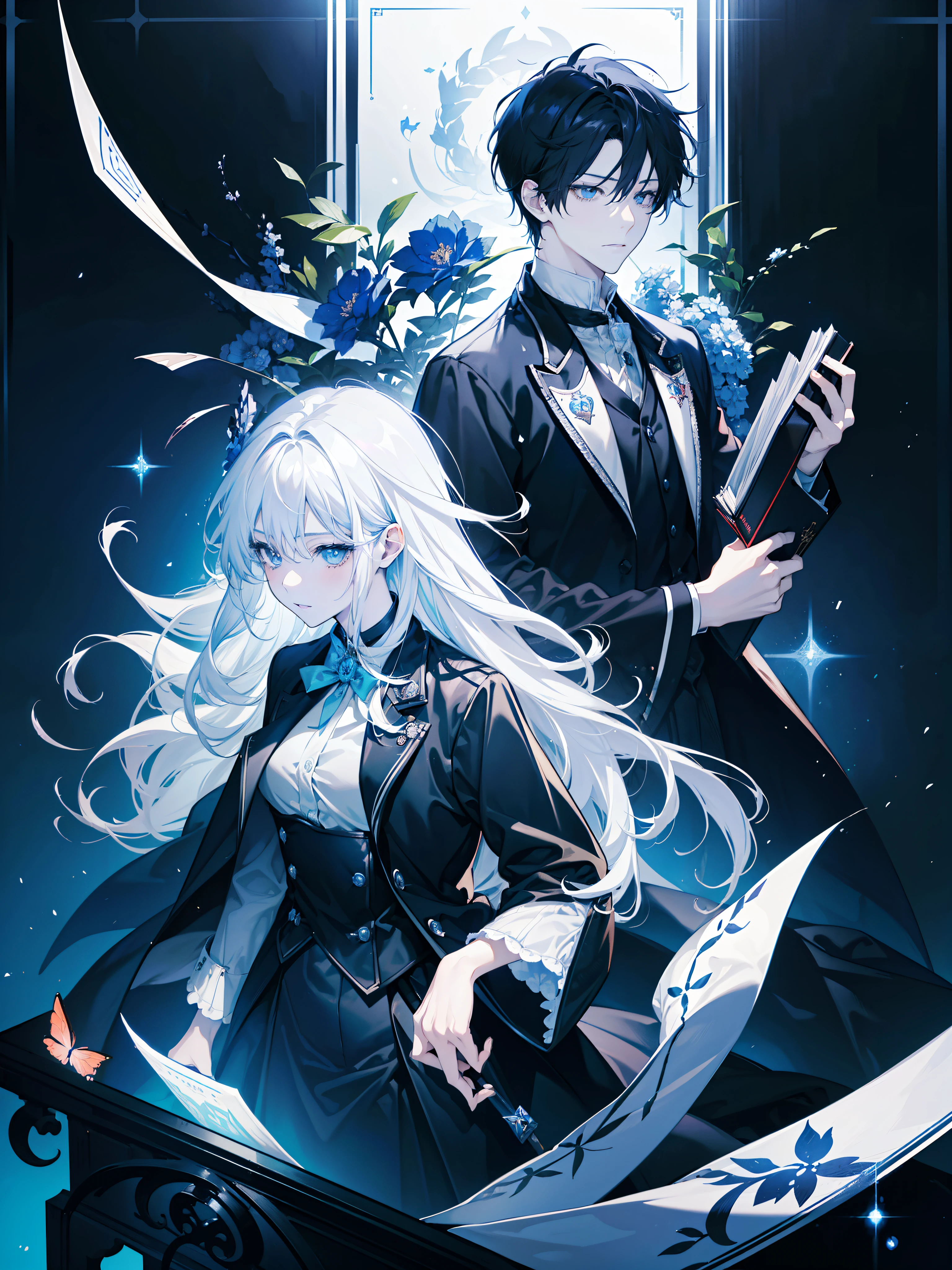 anime characters in a library, ((2people, (1boy, black_hair), (1girl, white_hair), blue eyes, rival)), warm smile, ((chess)), chessboard, elegant sofa, academy magic uniform, chess symbols, !!playing chess!!, high detailed official artwork, king and queen chess, light novel cover art, detailed key anime art, epic light novel art cover, high quality fanart, zerochan art, artbook artwork, sakimichan and frank franzzeta, detailed chess, well drawn pose, detailed specific characteristics, good proportion, detailed face, dreamy eyes, female protagonist novel, close up