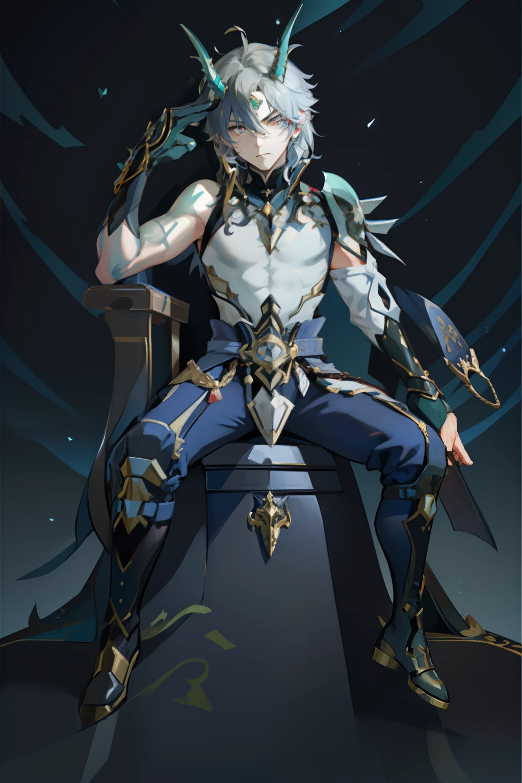 (absurderes,A high resolution,Hyper-detailing,hdr),Dragon's horn,younge boy,tmasterpiece,best qualtiy,1人,独奏,Handsome,Golden eyes,Fine eyes and detailed face,toppless,Tattooed with,arma,seated on a throne,Indifferent and arrogant,Abs,chest muscle,Raised sexy,Ruffian,Show your temperament,Male,masculine appeal,Male characteristics are distinct,Long messy hair,Arrogant,self-assured,Sitting majestically on the throne,Legs crossed,white pantie,supreme,Lazy,Handsome,