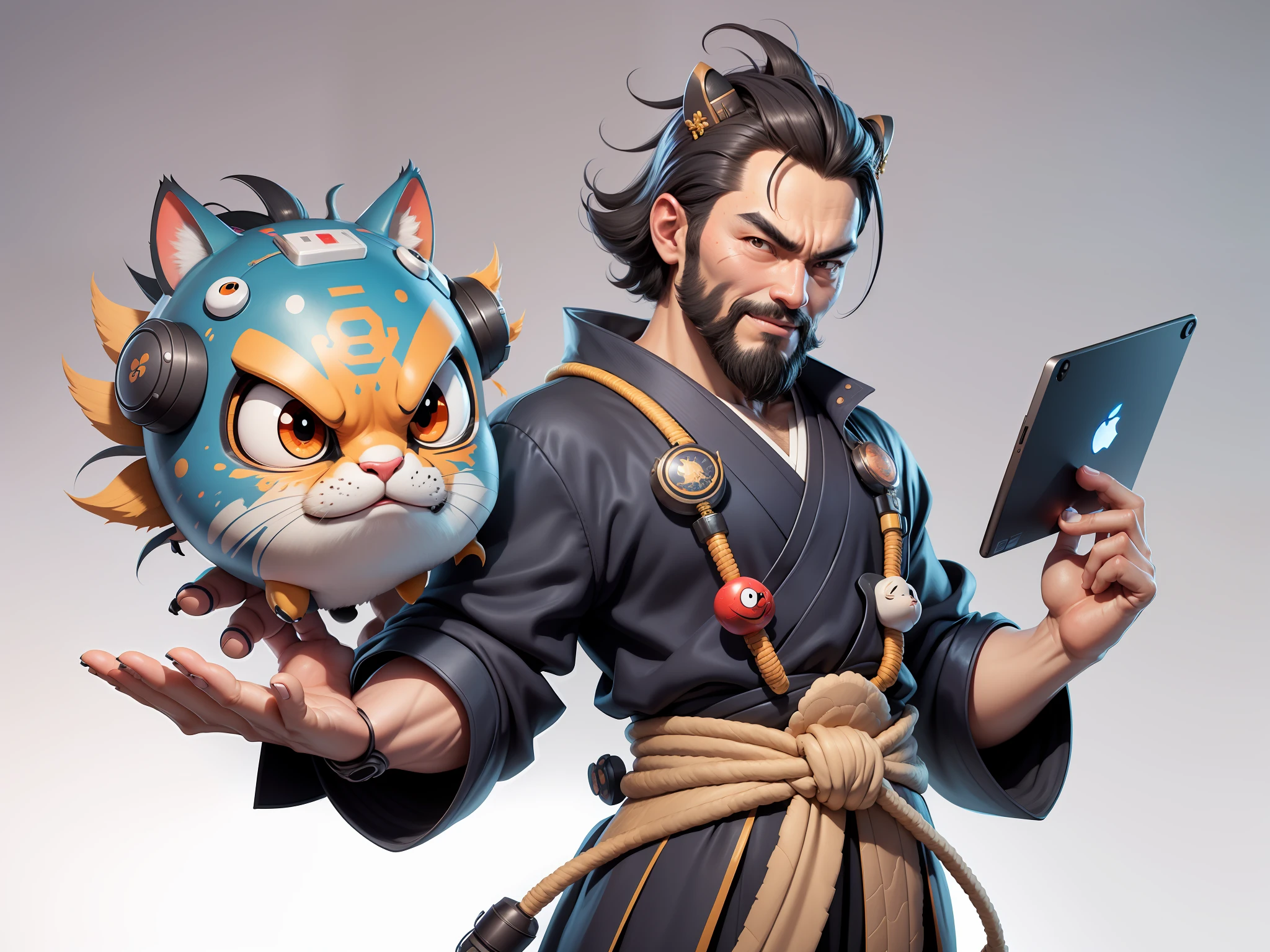 (Daisaku),(Need),(Super meticulous),(full bodyesbian:1.2),Super young man with Japanese geisha,Beautiful,orient,one tiger,Aeolian Thor,Raised sexy,爆乳,Oriental face,TV Anchor,Bust portrait illustration,In black suit,a blue tie,The face is slightly chubby,The face was clean,without a beard,Black super short hair,Black eyes,Smile confidently,3C computer sub-products,iPad, iphone,Digital painting,3D character design by Mark Clairen and Pixar and Hayao Miyazaki and Akira Toriyama,The illustration is a high-definition illustration in 4K resolution,With very detailed facial features and cartoon-style visuals。