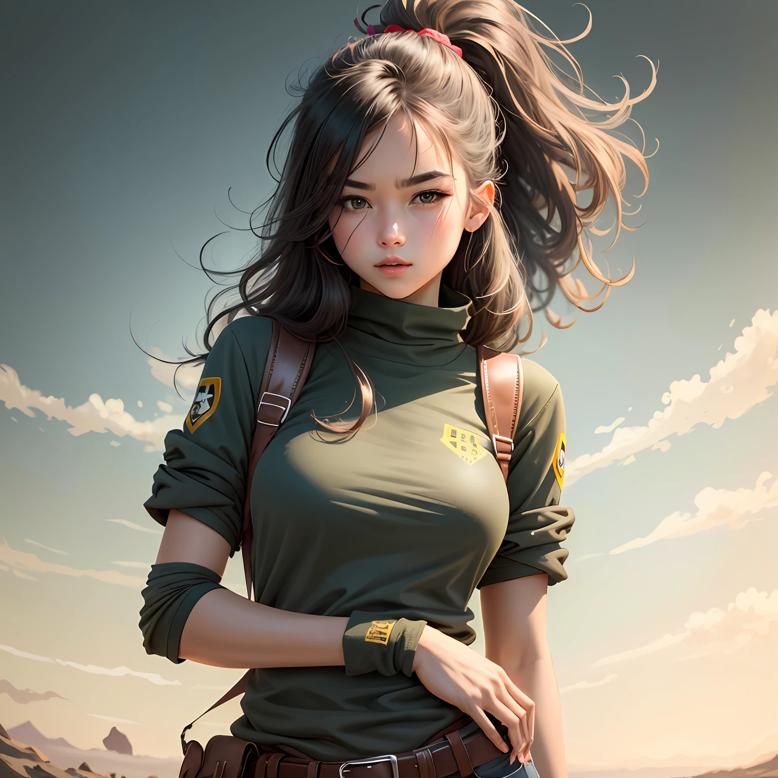 Doomsday wasteland girl, gray clothes, perfect limbs, perfect fingers, perfect face