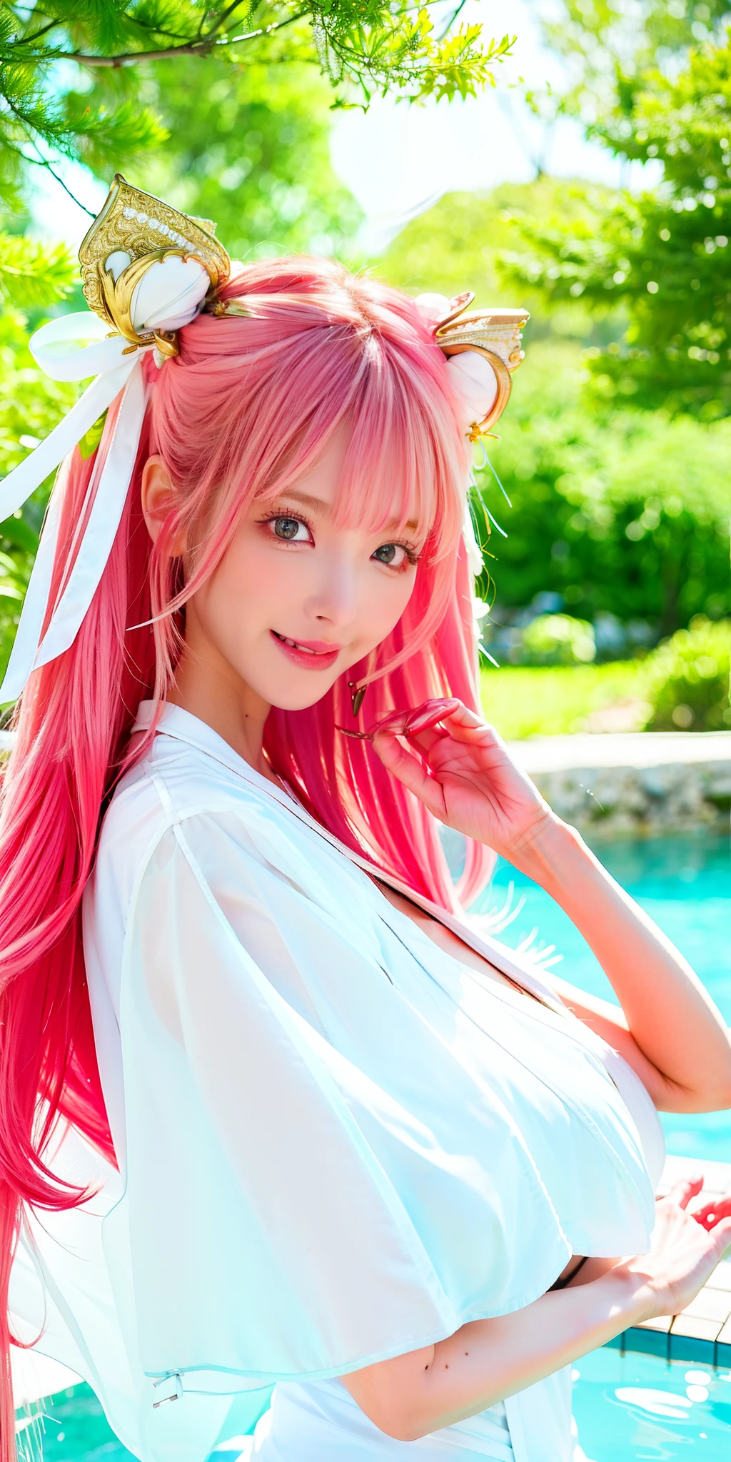 (8k, 4k, best quality, highres:1.2), (maasterpiece, realistic, photo realistic:1.37), 1girl, solo, beautiful face, eyelashes, nose, glossy lips, (detailed eyes, looking at viewer, fair skin, white skin:1.5), fine complexion, upper body,
large breasts, busty, , (:1.5),
outdoor onsen,
two side up, absurdly long hair, blonde hair, pink and blue gradient hair, bangs, hair ornament, bow,
younger, aged down,