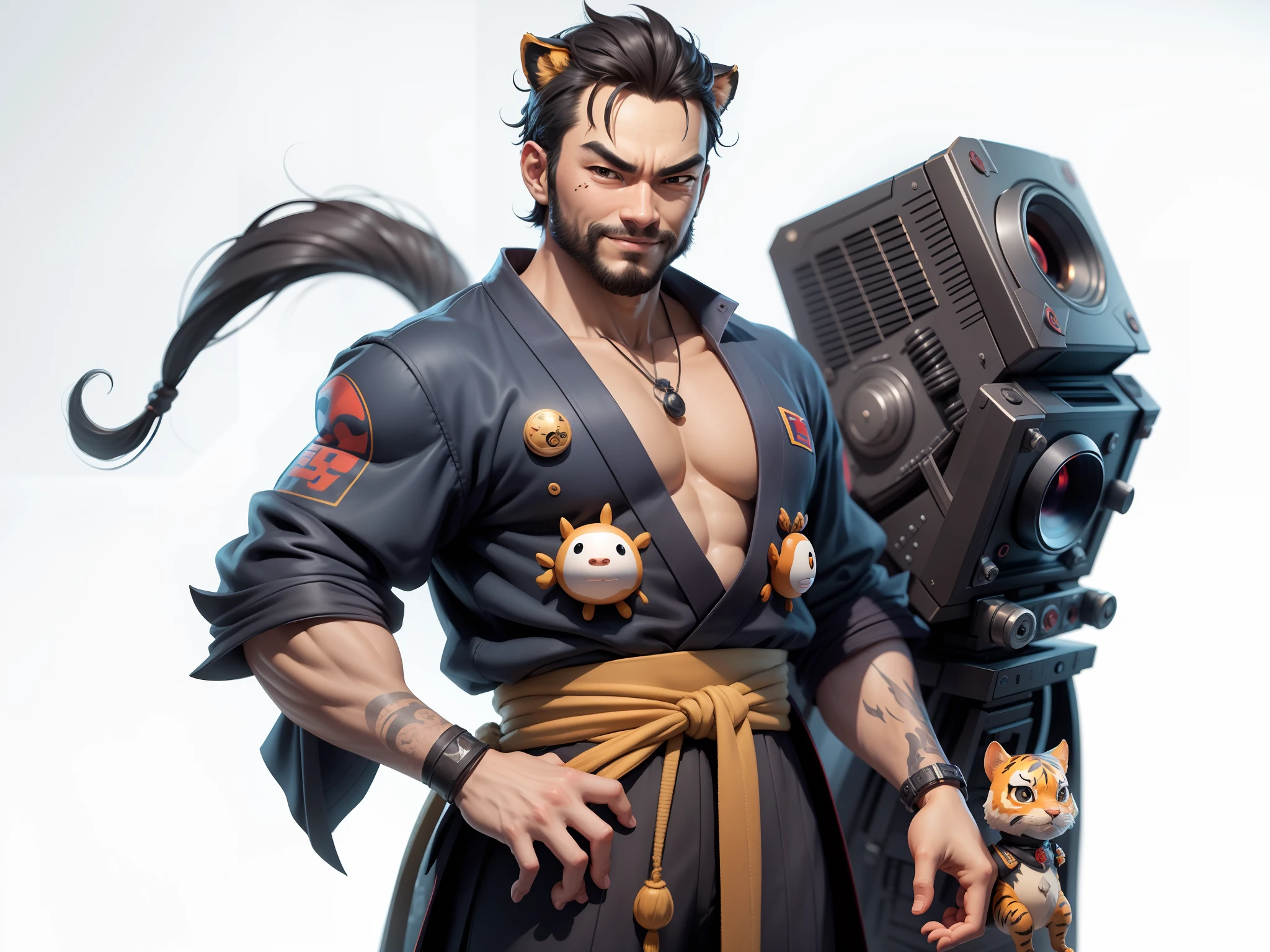 (Daisaku),(Need),(Super meticulous),(full bodyesbian:1.2),Super young man with Japanese geisha,Beautiful,orient,one tiger,Aeolian Thor,Raised sexy,爆乳,Oriental face,TV Anchor,Bust portrait illustration,In black suit,a blue tie,The face is slightly chubby,The face was clean,without a beard,Black super short hair,Black eyes,Smile confidently,3C computer sub-products,iPad, iphone,Digital painting,3D character design by Mark Clairen and Pixar and Hayao Miyazaki and Akira Toriyama,The illustration is a high-definition illustration in 4K resolution,With very detailed facial features and cartoon-style visuals。