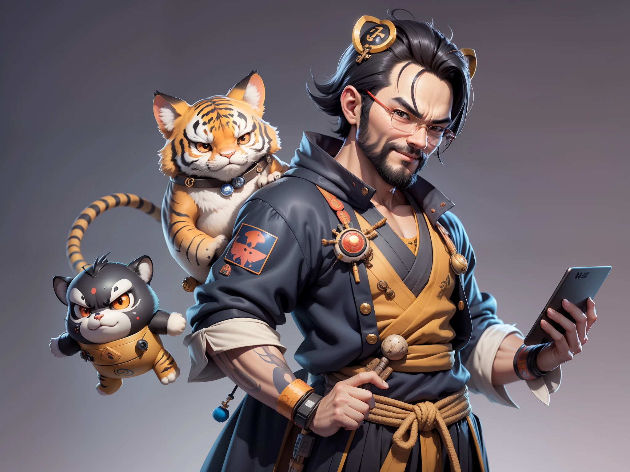 (Daisaku),(Need),(Super meticulous),(full bodyesbian:1.2),Super young man with Japanese geisha,Beautiful,orient,one tiger,Aeolian Thor,Raised sexy,爆乳,Oriental face,TV Anchor,Bust portrait illustration,In black suit,a blue tie,The face is slightly chubby,The face was clean,without a beard,Black super short hair,Black eyes,Smile confidently,3C computer sub-products,iPad, iphone,Digital painting,3D character design by Mark Clairen and Pixar and Hayao Miyazaki and Akira Toriyama,The illustration is a high-definition illustration in 4K resolution,With very detailed facial features and cartoon-style visuals。