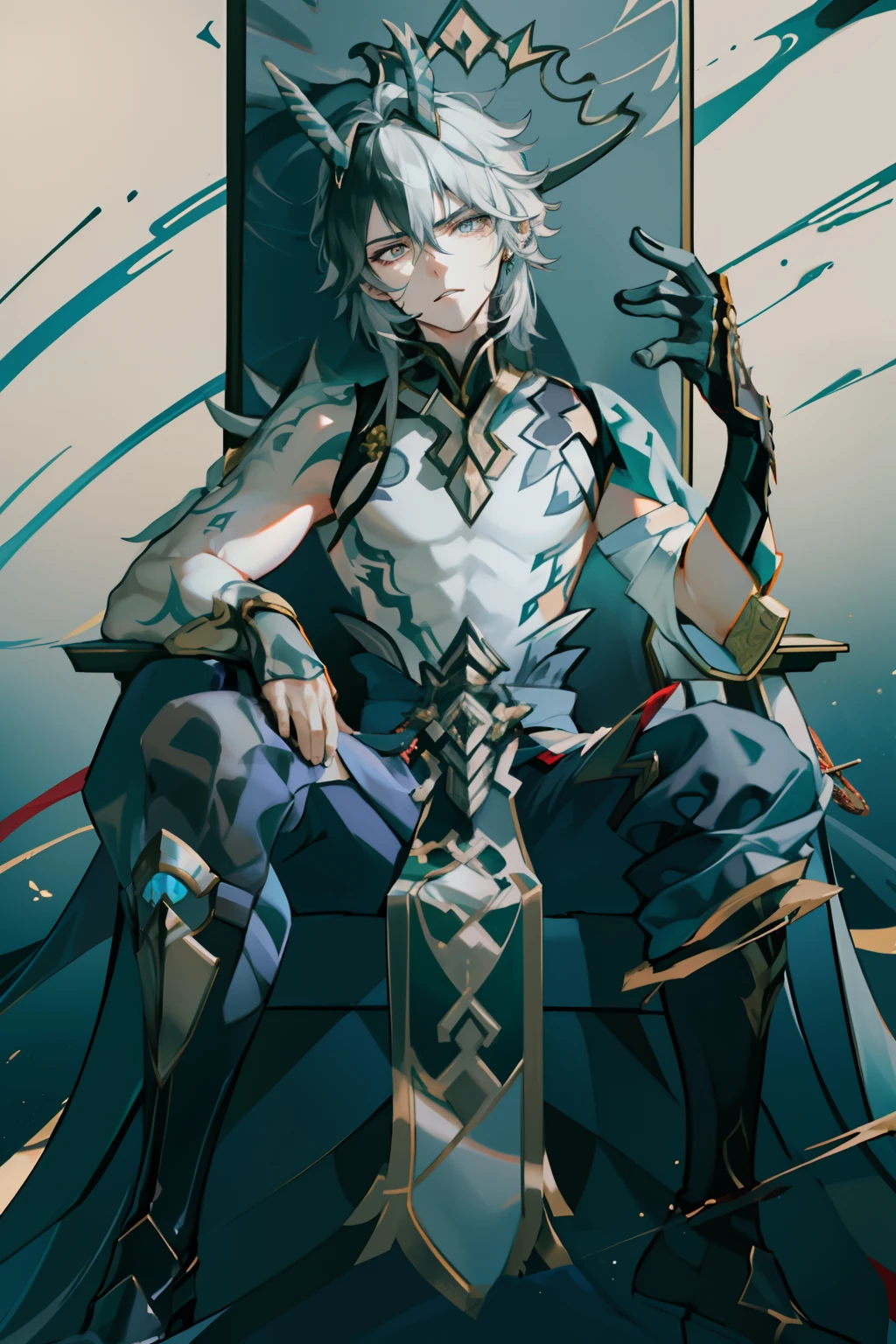 （absurderes，A high resolution，Hyper-detailing，hdr），Dragon's horn，younge boy，tmasterpiece，best qualtiy，1人，独奏，Handsome，Golden eyes，Fine eyes and detailed face，toppless，Tattooed with，arma，seated on a throne，Indifferent and arrogant，Abs，chest muscle，Raised sexy，Ruffian，Show your temperament，Male，masculine appeal，Male characteristics are distinct，Long messy hair，Arrogant，self-assured，Sitting majestically on the throne，Legs crossed，white pantie，supreme，Lazy，Handsome，