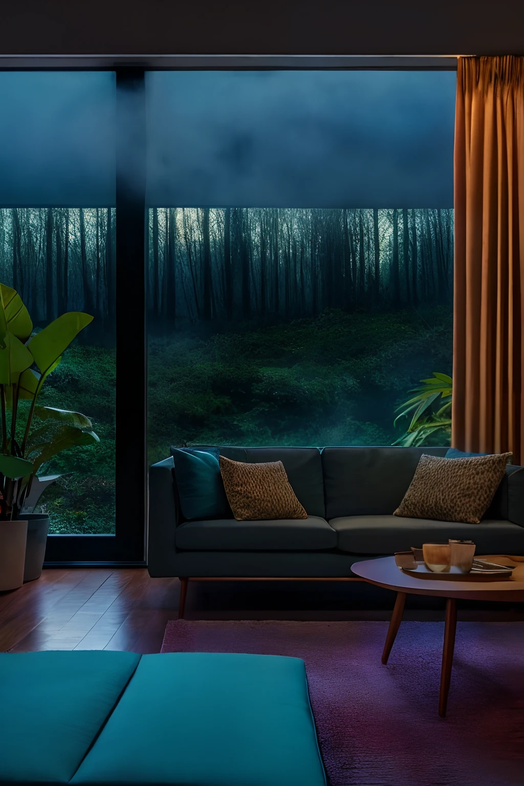 midcentury modern living room dimly lit with dark rainy evening outside, (foggy rainy evening:1.2), pacific northwest, (dim lighting:1.4), (moody lighting:1.2), plants, large plants, rainy, monstera, many plants, (foggy windows:1.2), masterpiece, best quality, twilight hour, (nighttime:1.4), rainy evening, after sunset, dark sky, dark night, dark theme,
