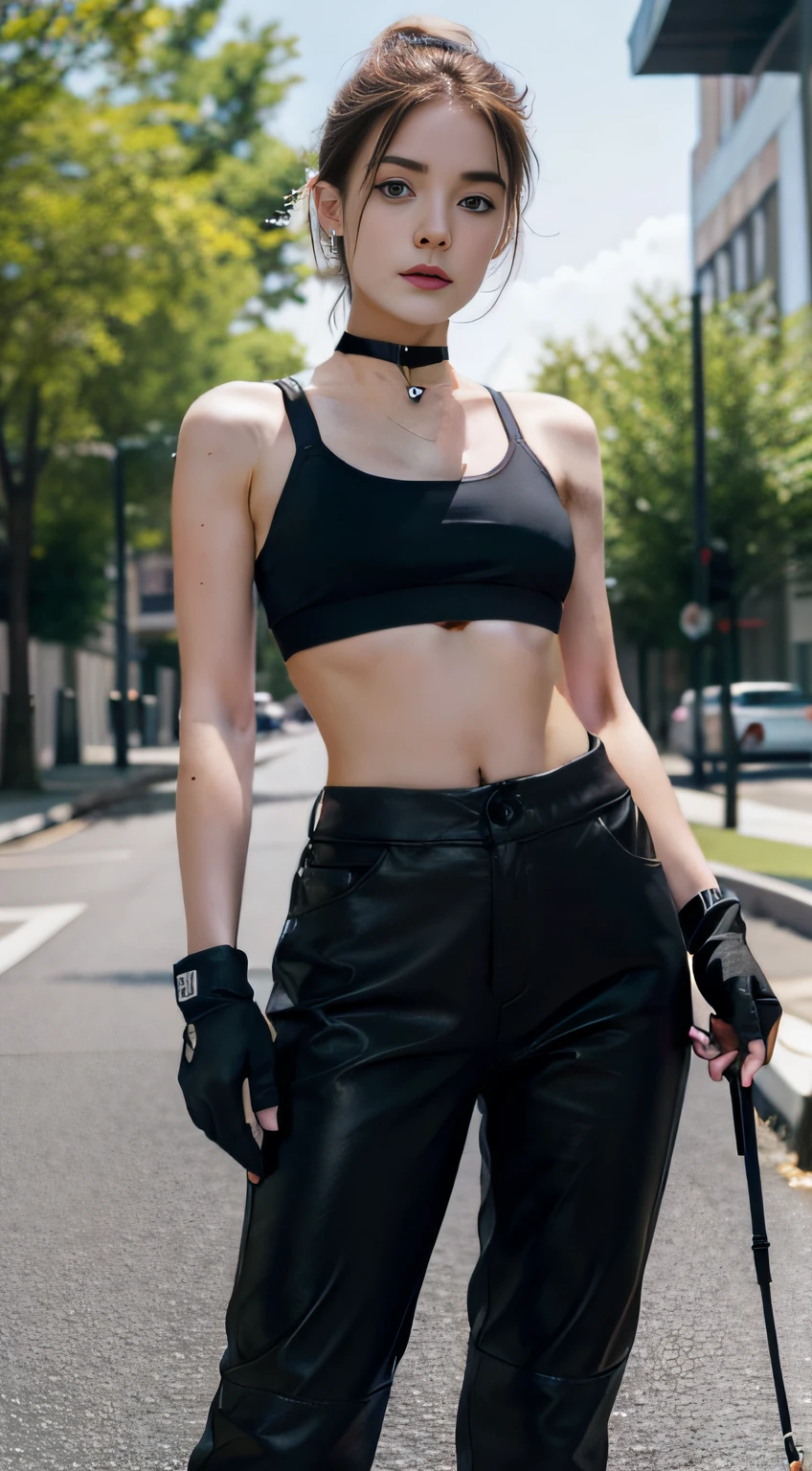 Masterpiece, Best quality, A high resolution, 1girll, cammy white, Short hair, Antenna hair, Blue eyes, scar on the cheek, Large breasts, Black choker, 鎖骨, Sports bra, midriff, Fingerless gloves, Black gloves, Black pants, standing, Cowboy shot, Outdoors, arms at sides, straight-on,
