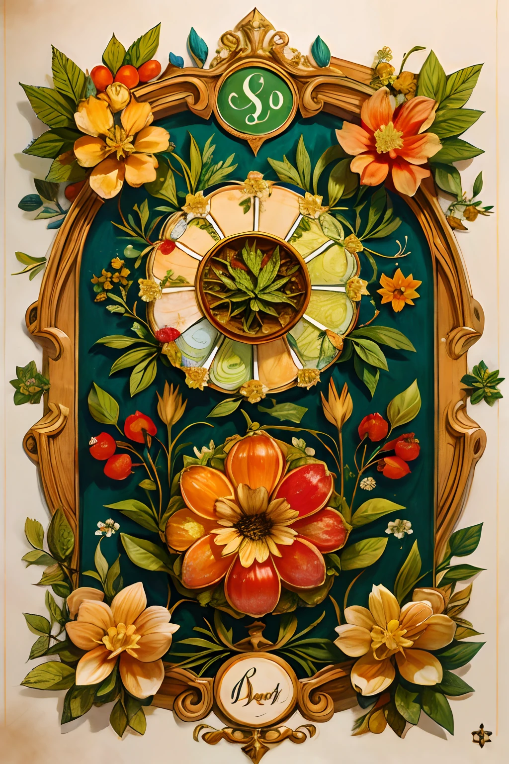 Detailed illustration of a medieval herbal manuscript page with herbal illustrations, with floral and fruits illustrations, fruits, intricate text, extremely high detail, aerial view from above, centre, Nature, plants, flowers, foliage, garden.
