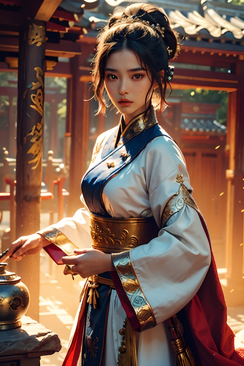 Best quality,masterpiece,ultra high res,(photorealistic:1.4),xiuxian,weapon,Detailed face,
1girl,solo,weapon,cleavage,(magic circle:1.2),xiuxian,upper body,Beautiful girl,full body,east asian architecture,sheath,architecture,