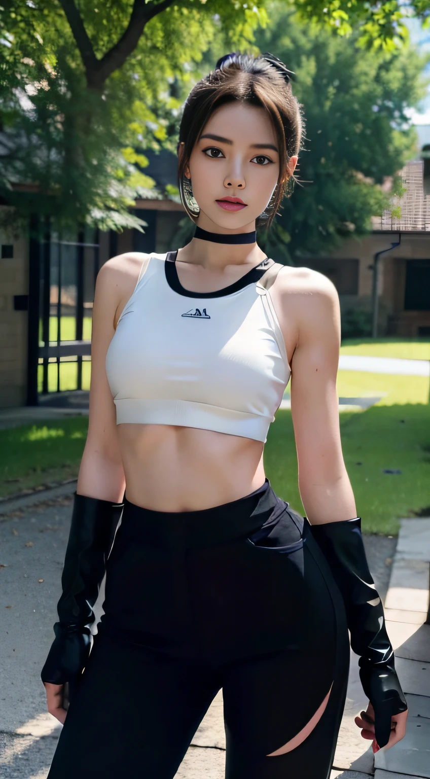 Masterpiece, Best quality, A high resolution, 1girll, cammy white, Short hair, Antenna hair, Blue eyes, scar on the cheek, , Black choker, 鎖骨, Sports bra, midriff, Fingerless gloves, Black gloves, Black pants, standing, Cowboy shot, Outdoors, arms at sides, straight-on,
