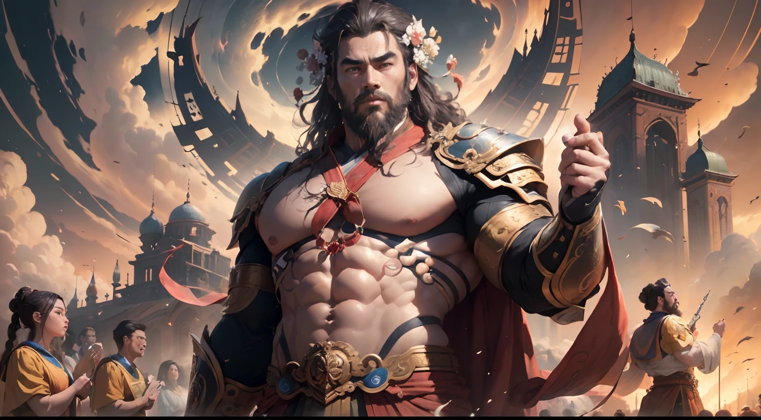((Masterpiece)), (Best Quality)), 8K, high detail, hyper-detail.(super wide-angle lens:1.5), (full shot), Confucius, muscular body, majestic and divine. (thousand of students applaud and stand very close), cinematic view, fantasy style, extra wide sky and lands, looking viewer,